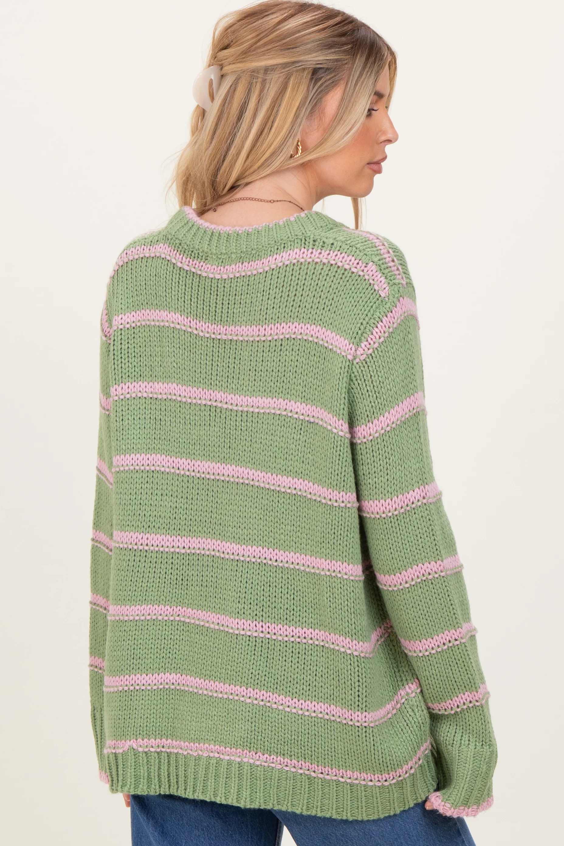 Light Olive Pink Striped Boxy Sweater - Image 4
