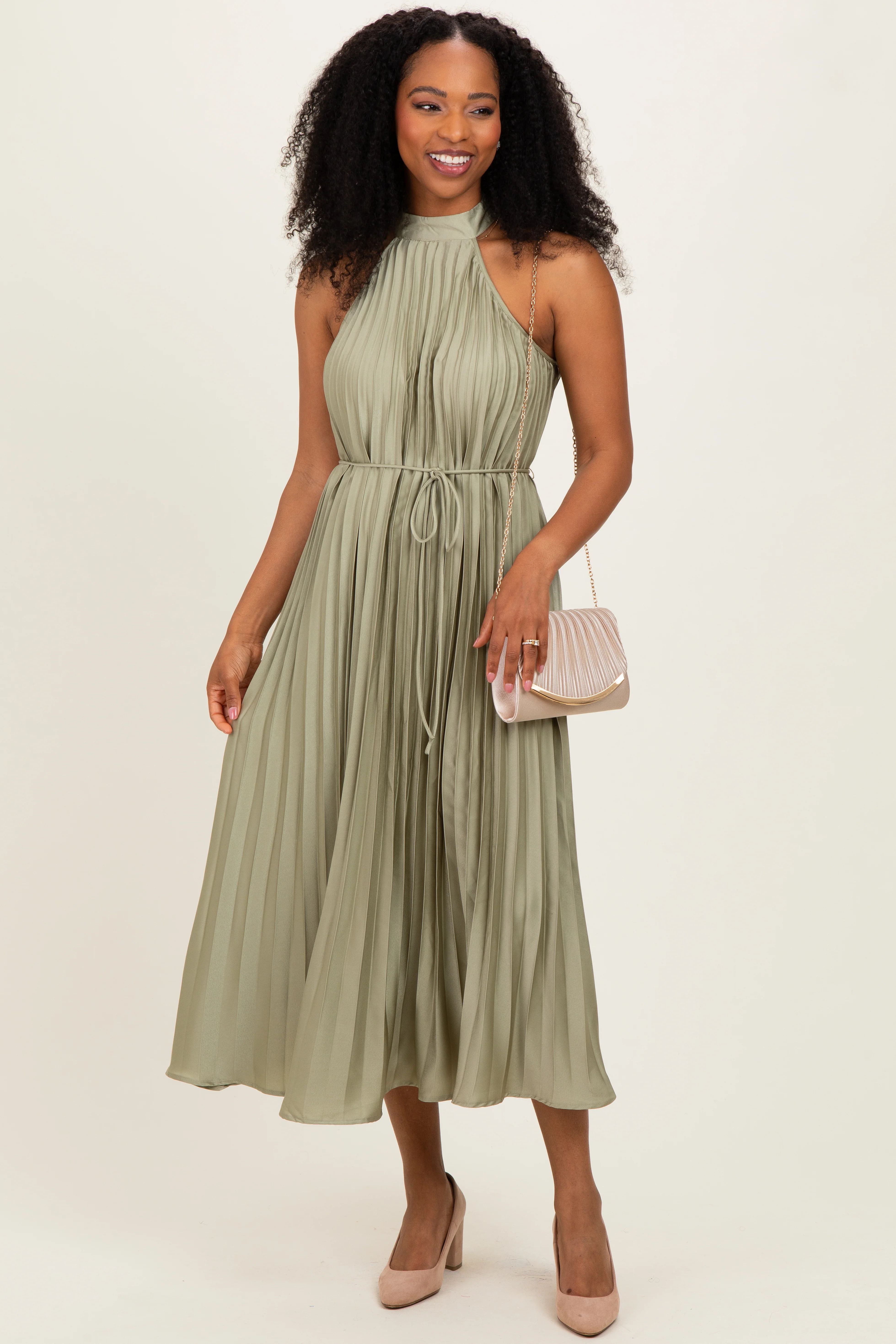 Light Olive Pleated Halter Dress
