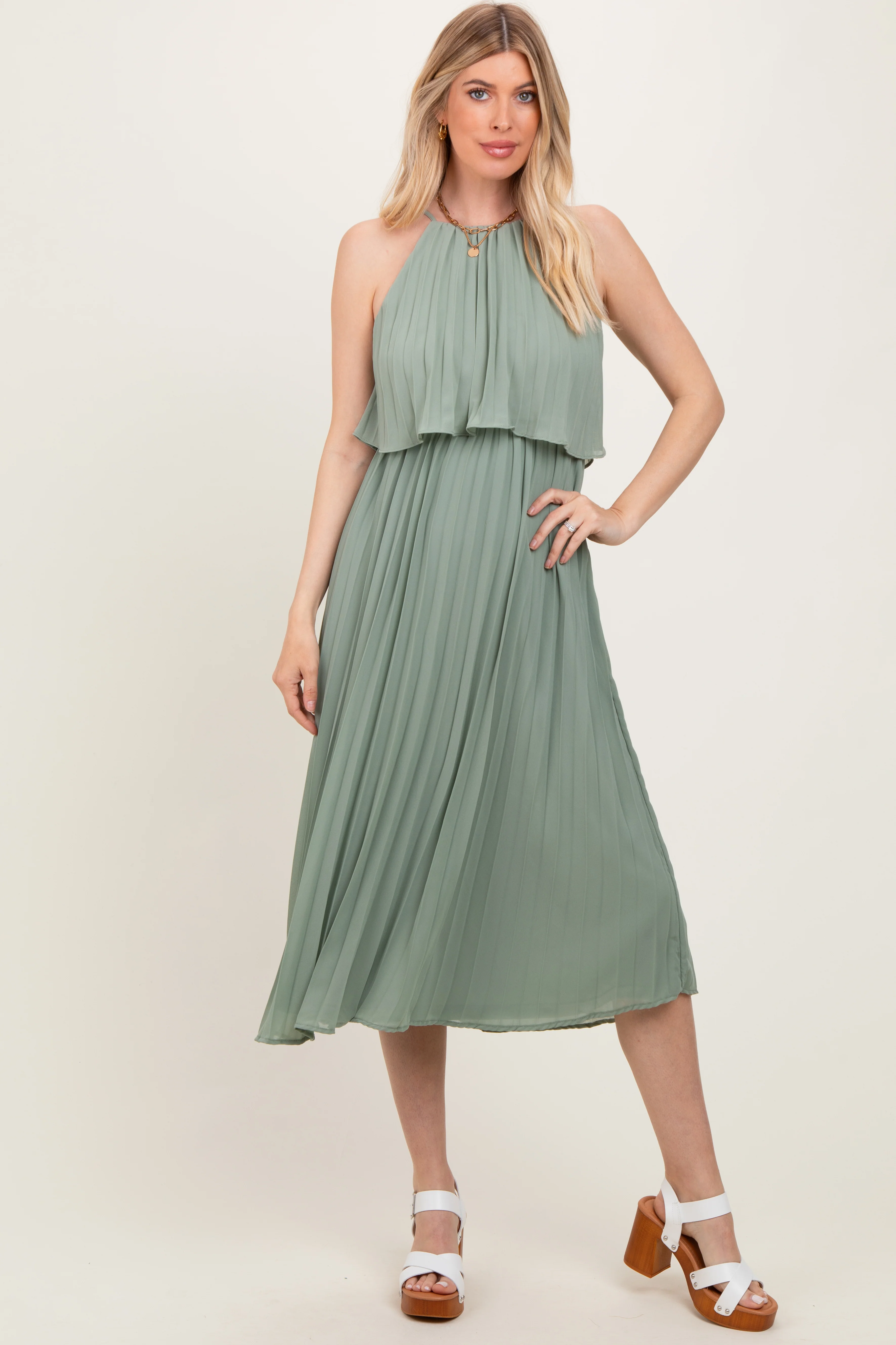 Light Olive Pleated Woven Midi Dress - Image 2