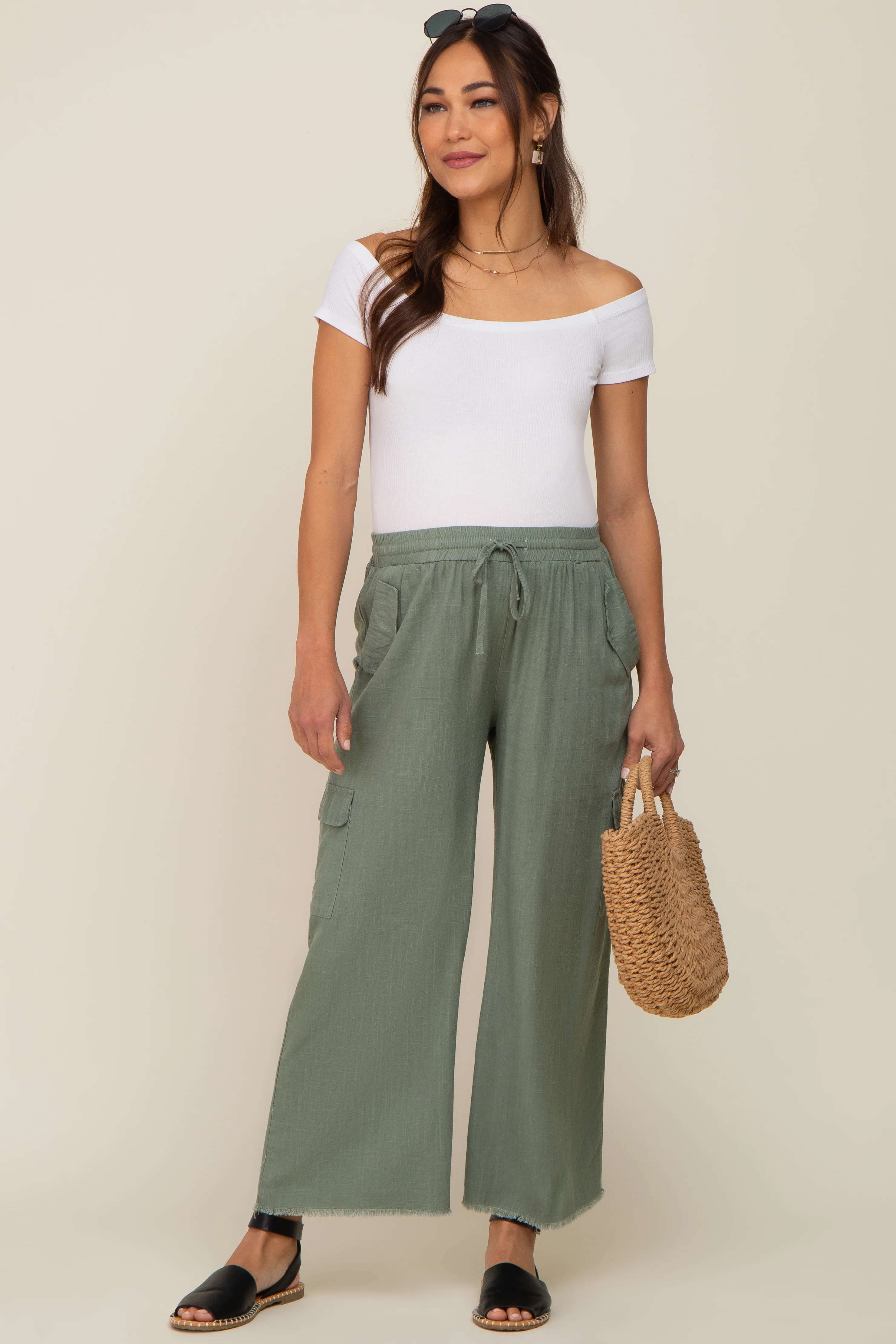 Light Olive Raw Hem Maternity Cargo Pants - Image 5