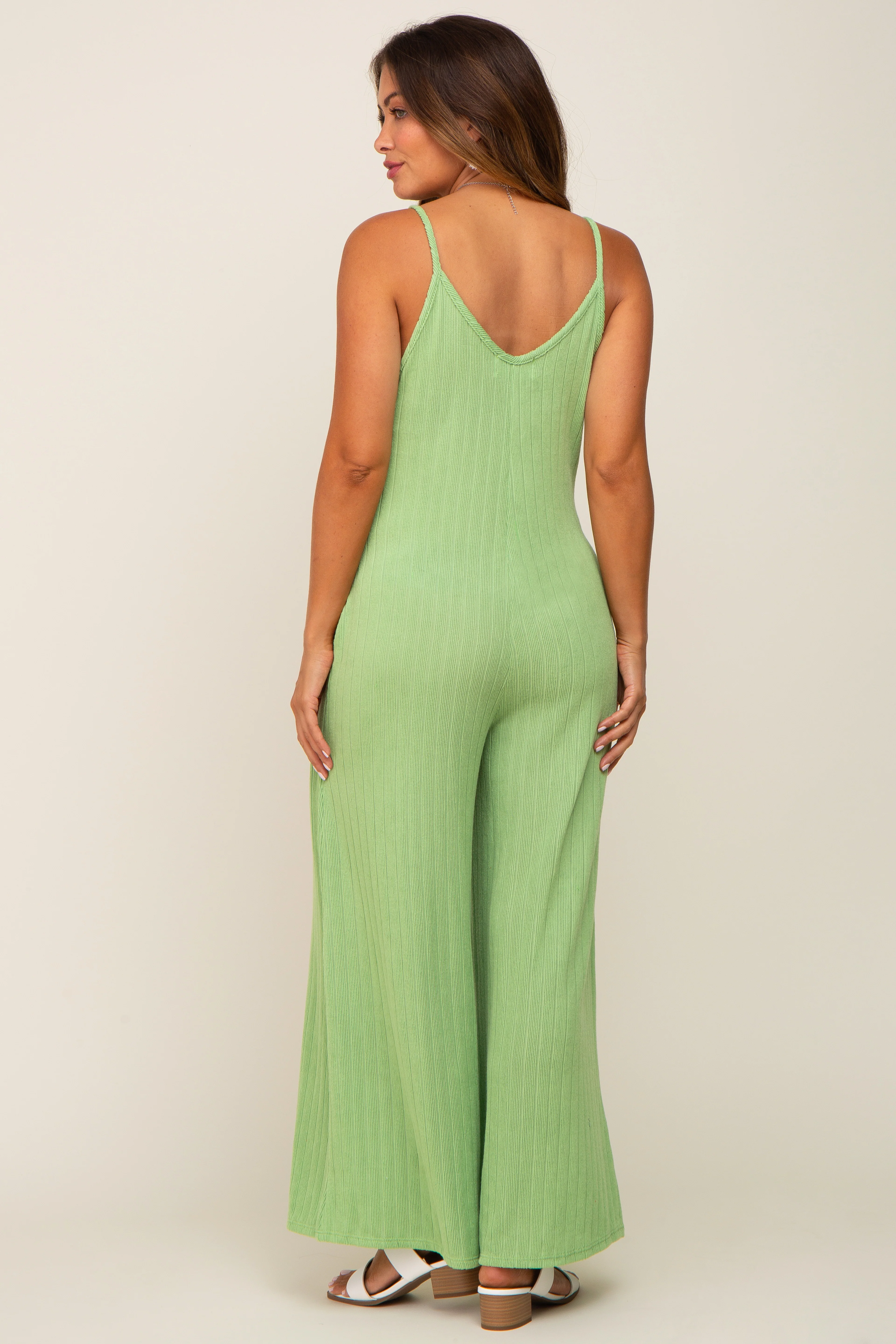 Light Olive Rib Knit Wide Leg Maternity Jumpsuit - Image 3