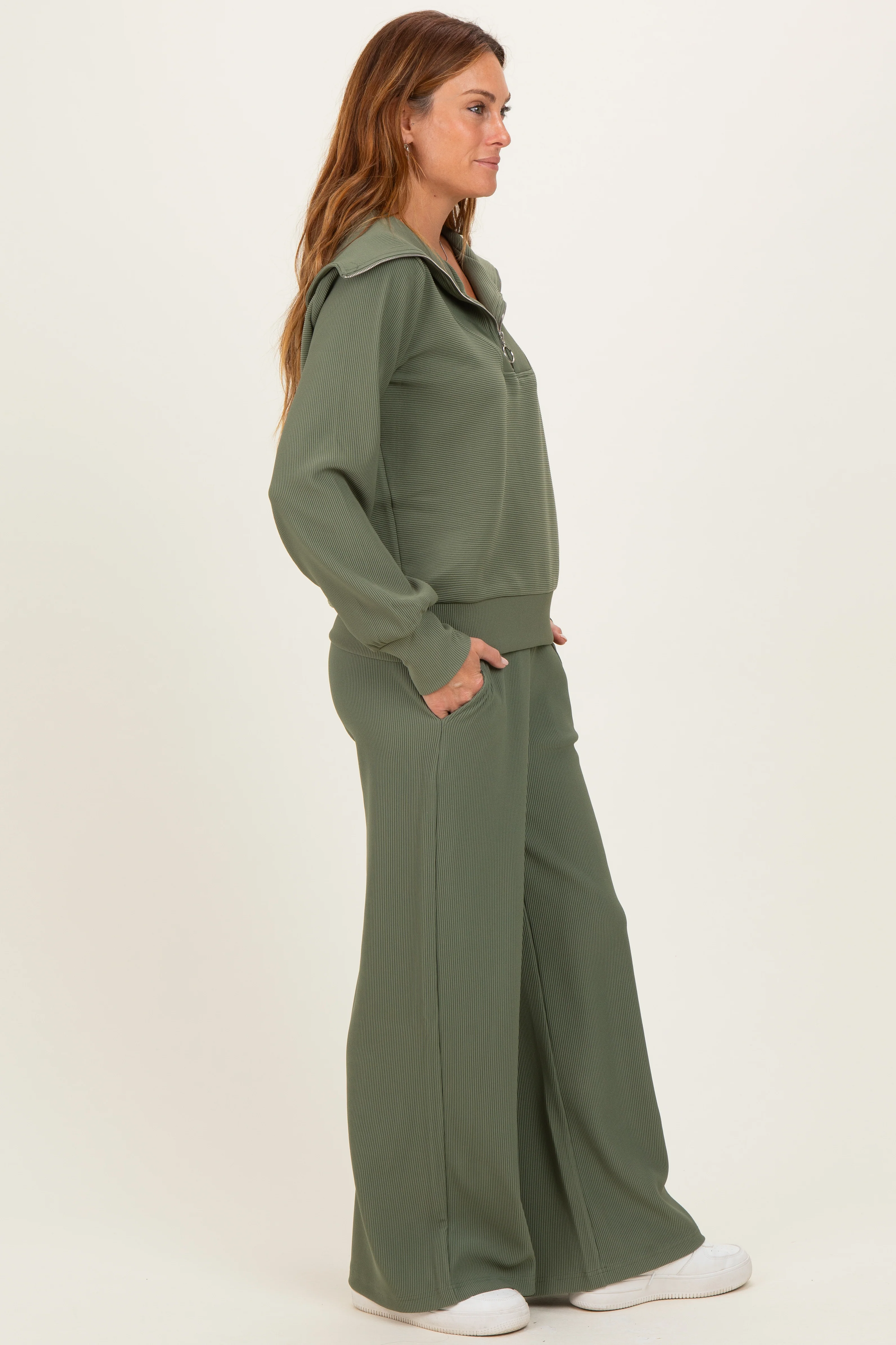 Light Olive Ribbed High Neck Half Zip Pullover Pant Set - Image 3
