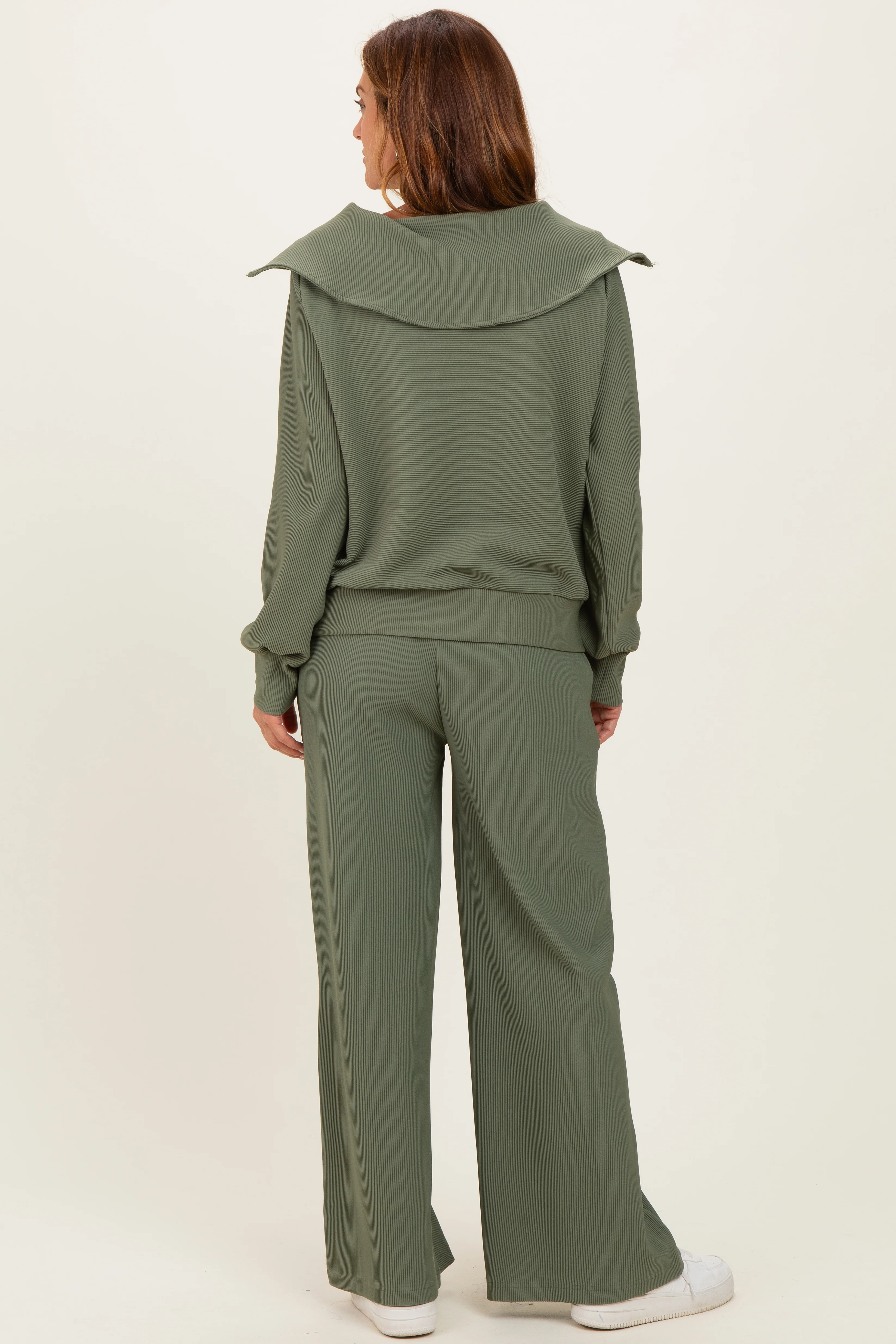Light Olive Ribbed High Neck Half Zip Pullover Pant Set - Image 4