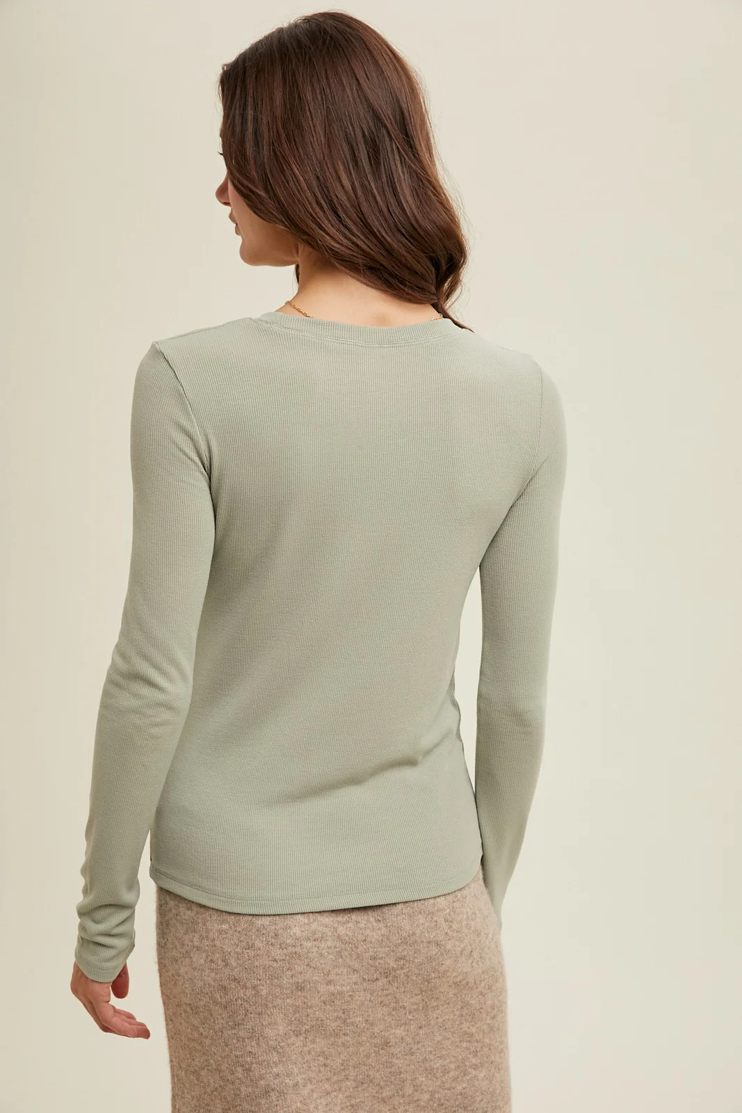 Light Olive Ribbed Long Sleeve Top - Image 3