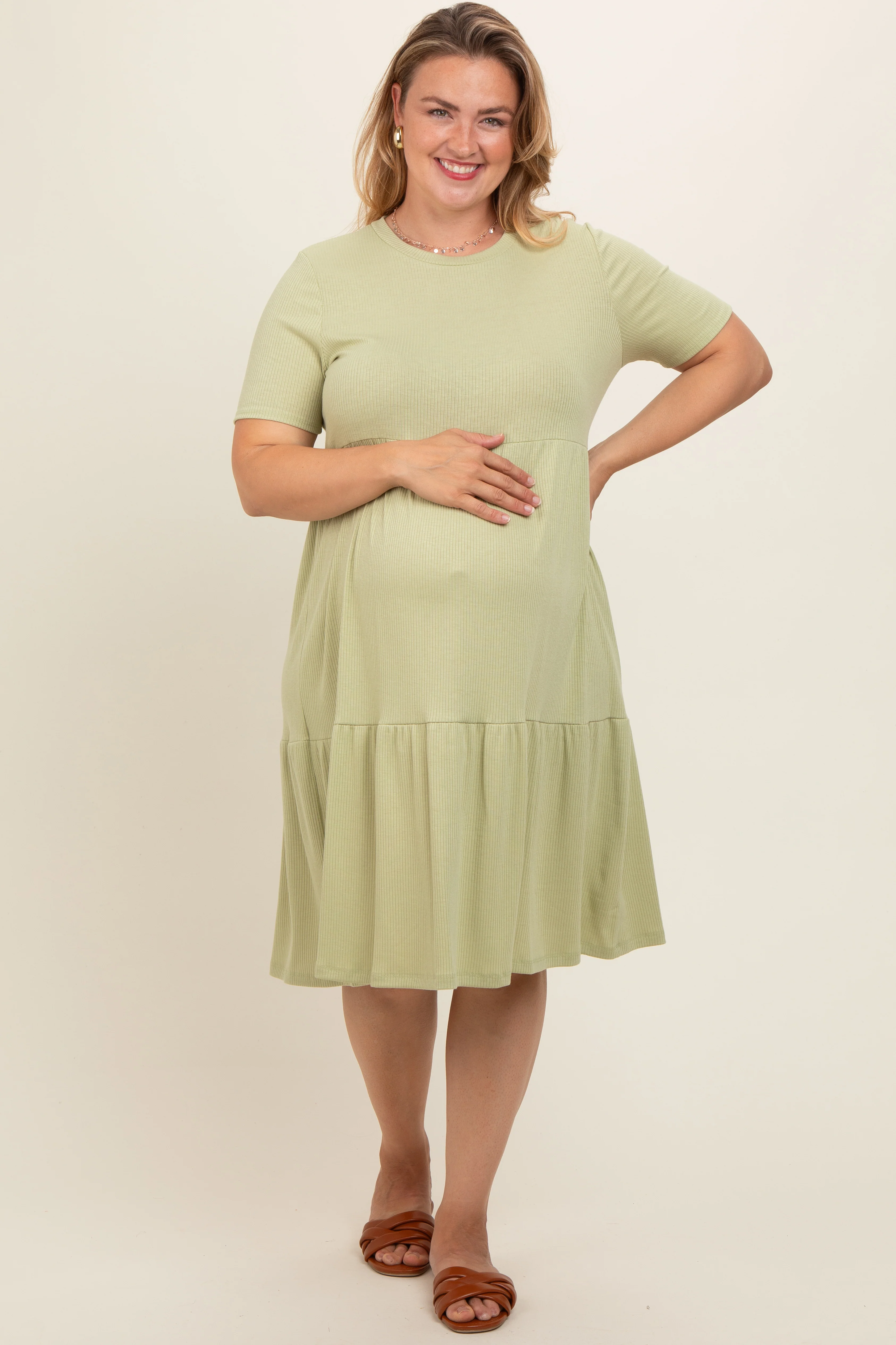 Light Olive Ribbed Tiered Maternity Plus Dress