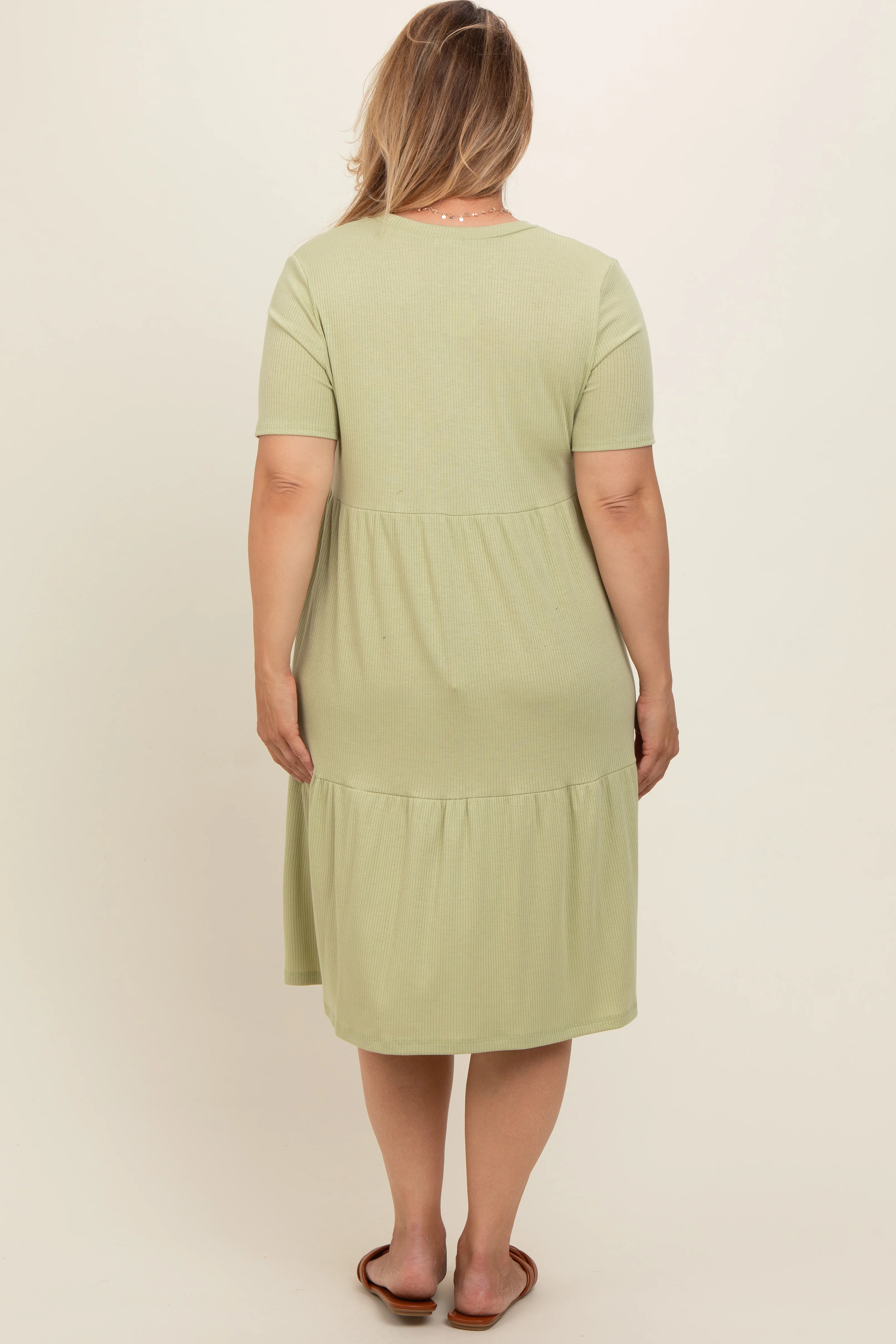 Light Olive Ribbed Tiered Maternity Plus Dress - Image 2