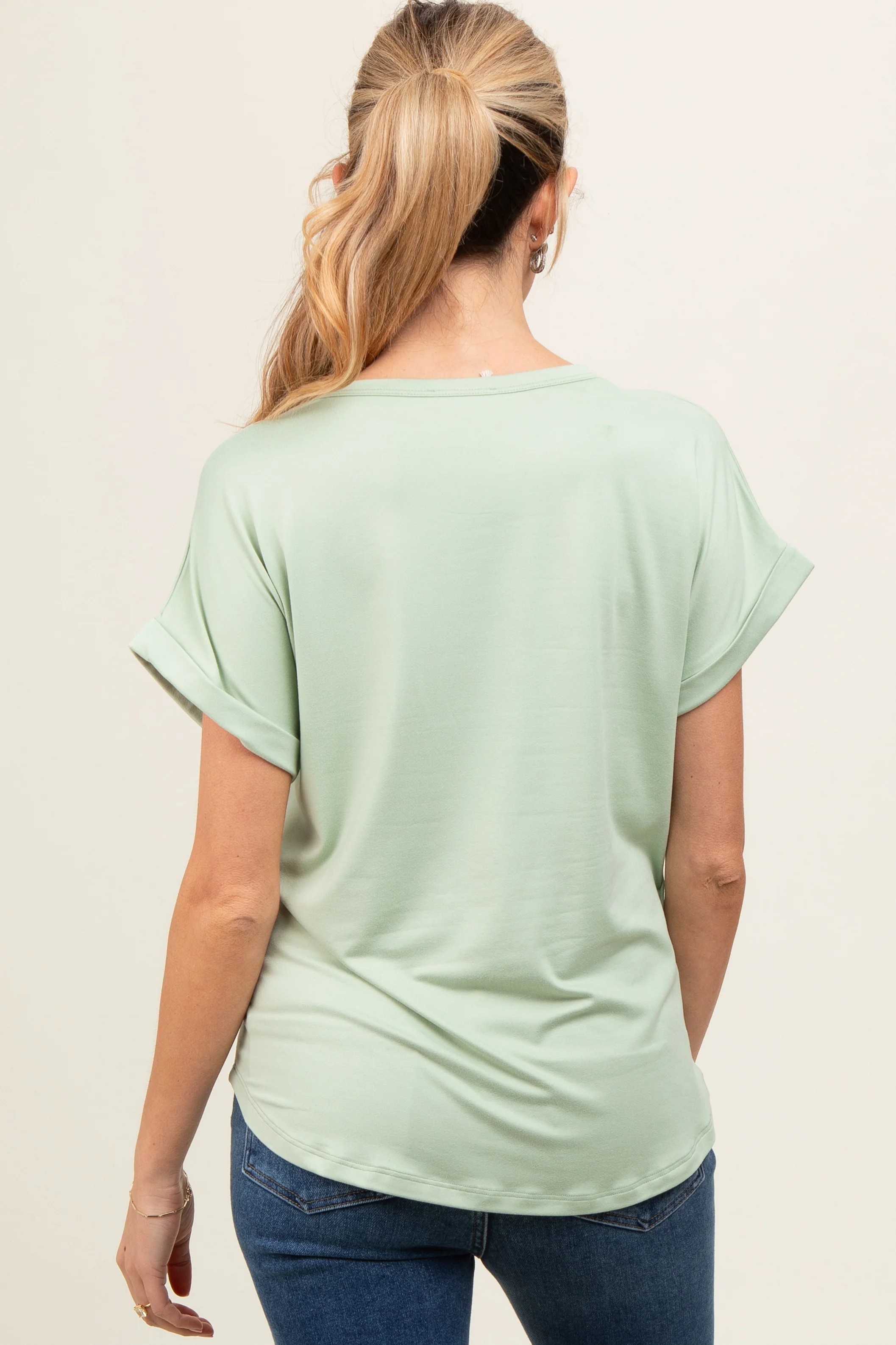 Light Olive Rolled Cuff Maternity Short Sleeve Top - Image 4
