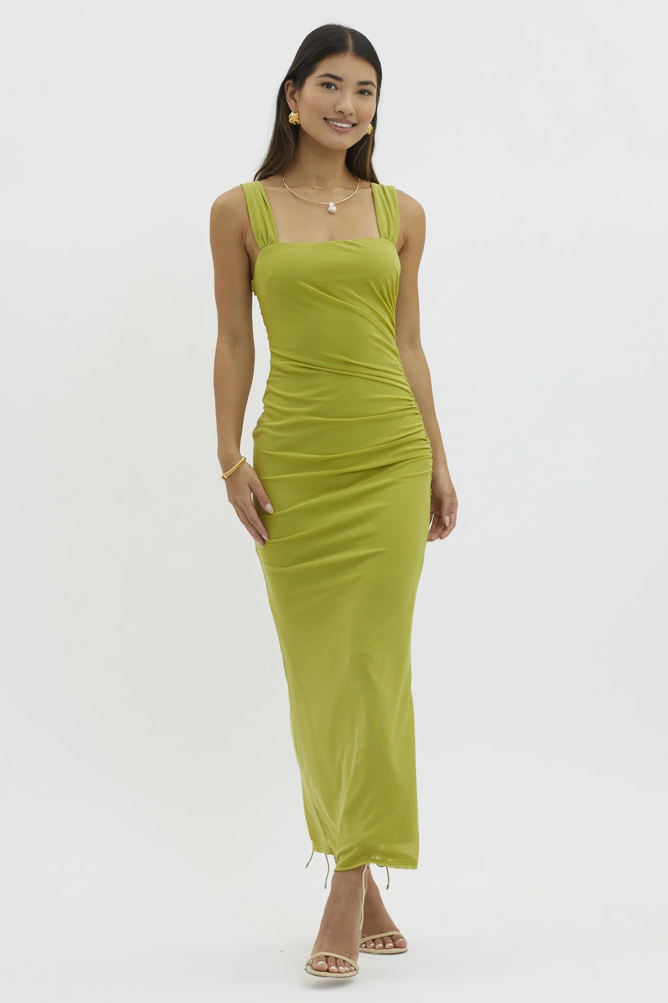 Light Olive Ruched Maternity Maxi Dress - Image 5
