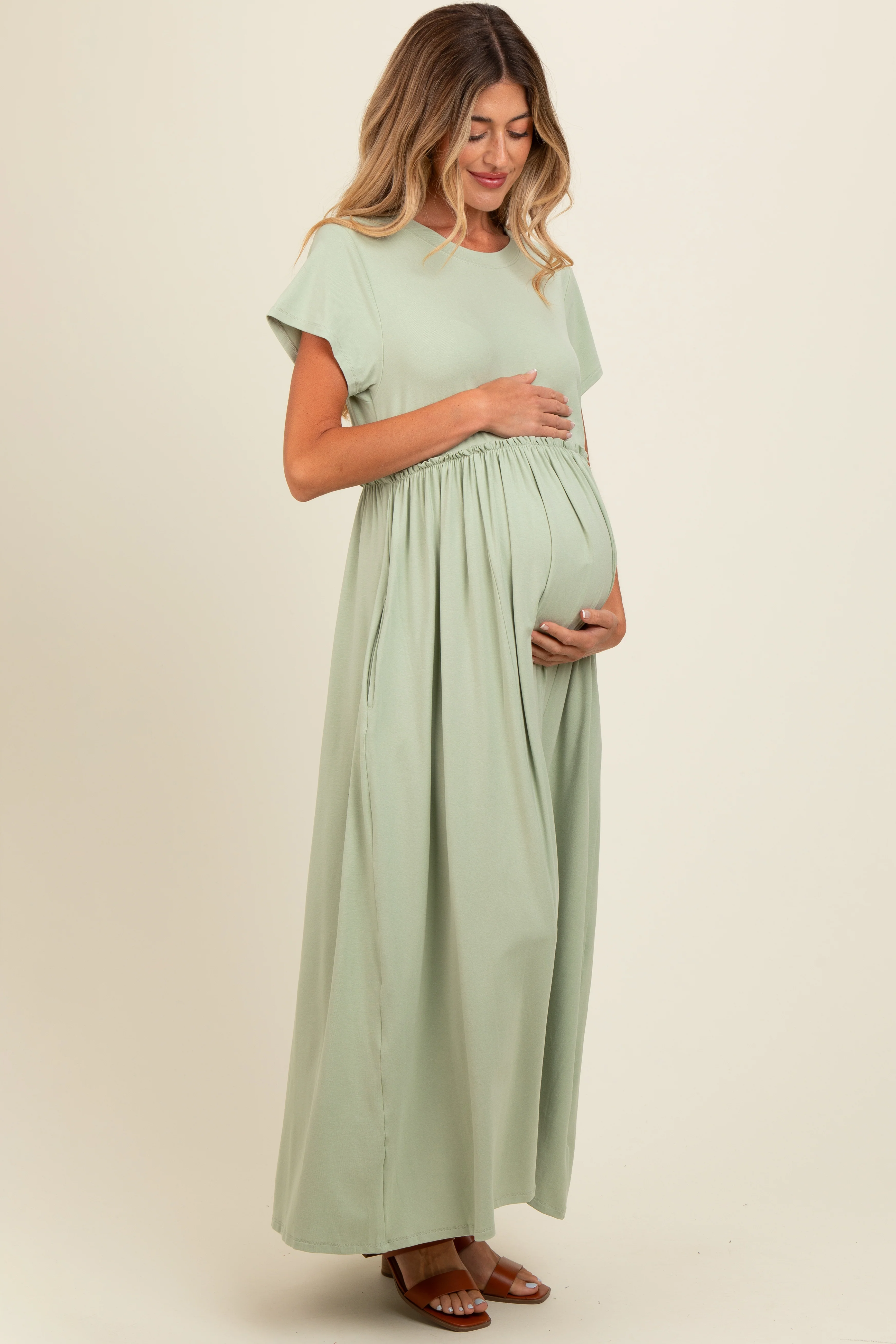 Light Olive Ruffle Trim Maternity Maxi Dress - Image 3
