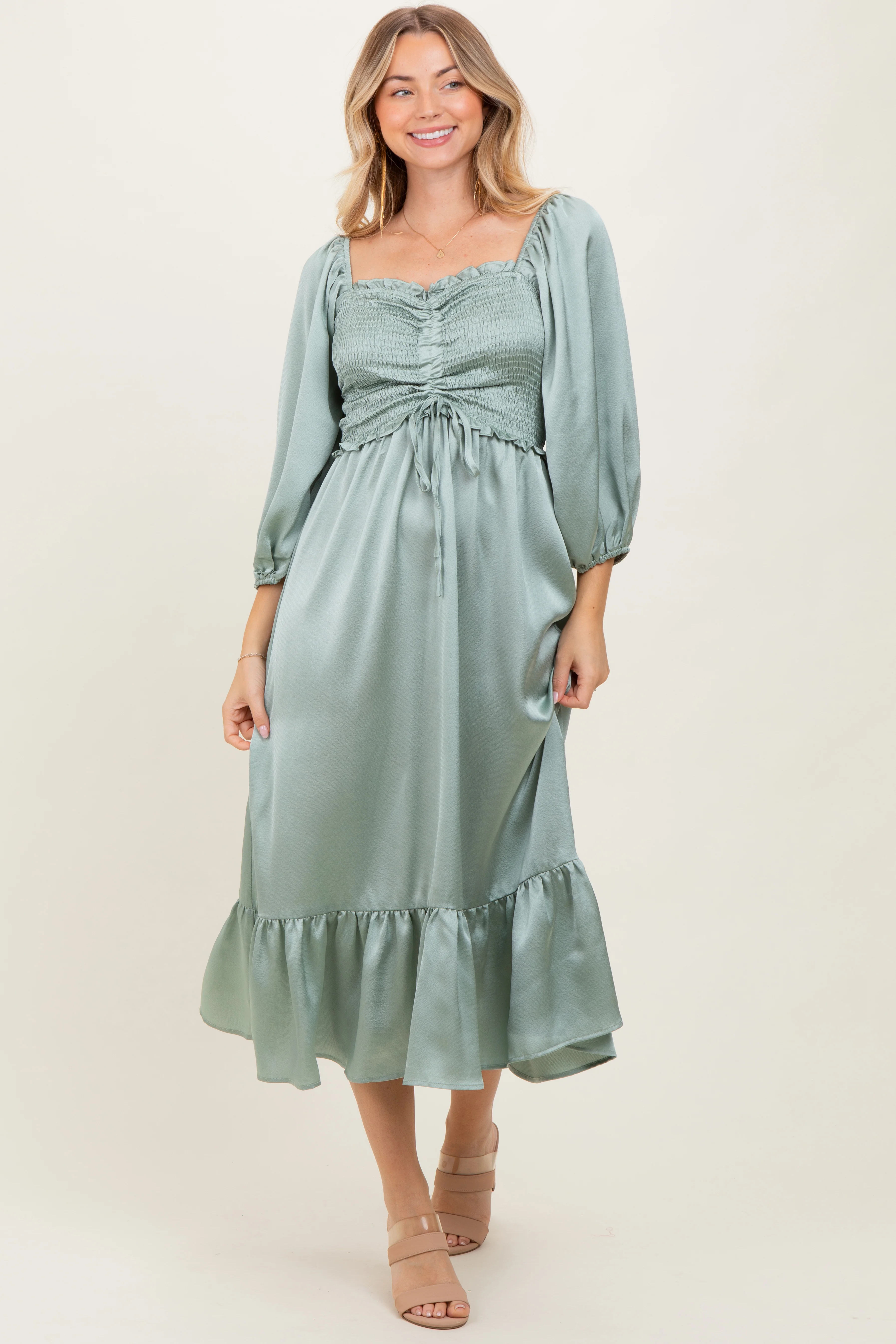 Light Olive Satin Smocked Cinched Bust Maternity Midi Dress - Image 3