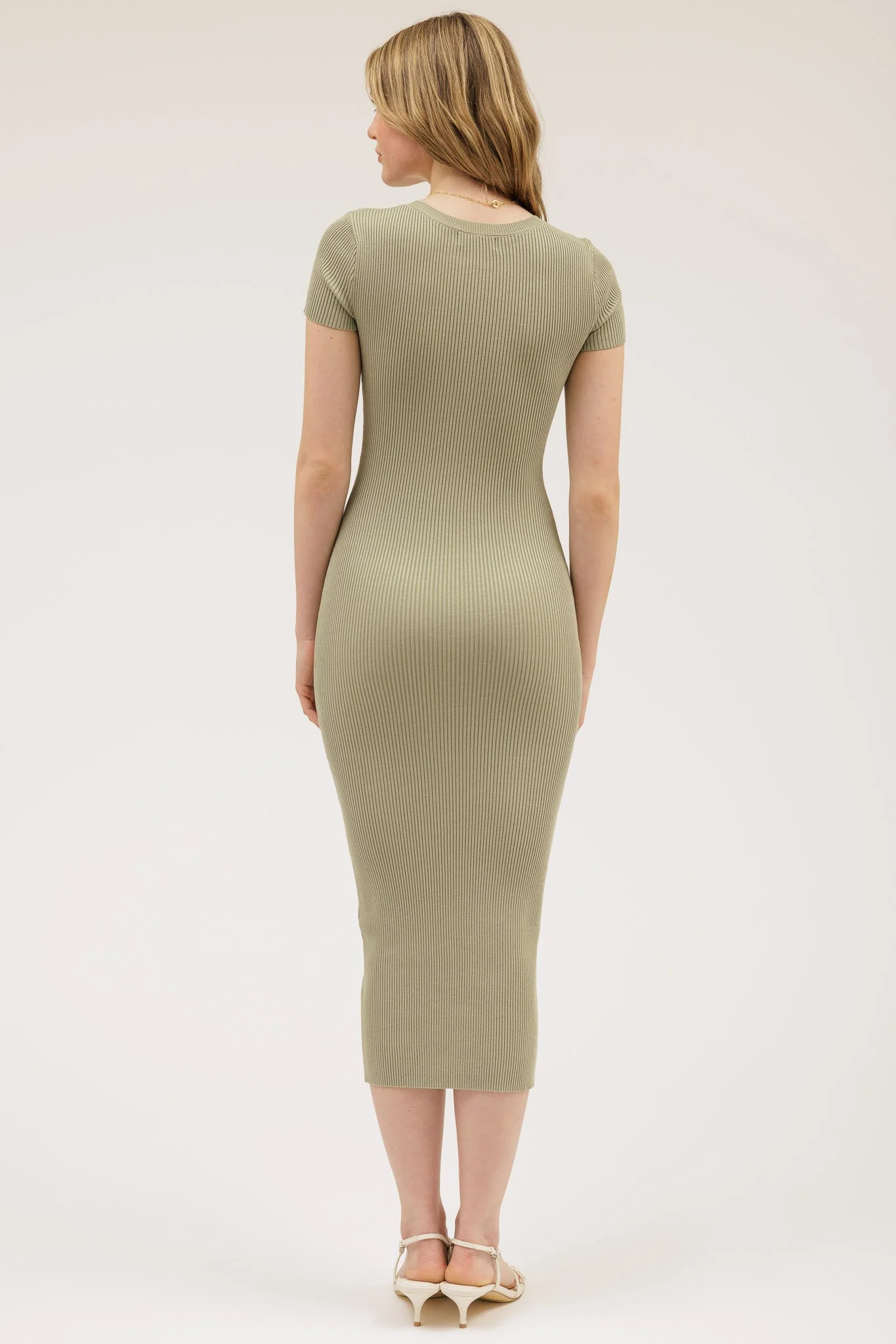 Light Olive Short Sleeve Rib Knit Midi Dress - Image 3