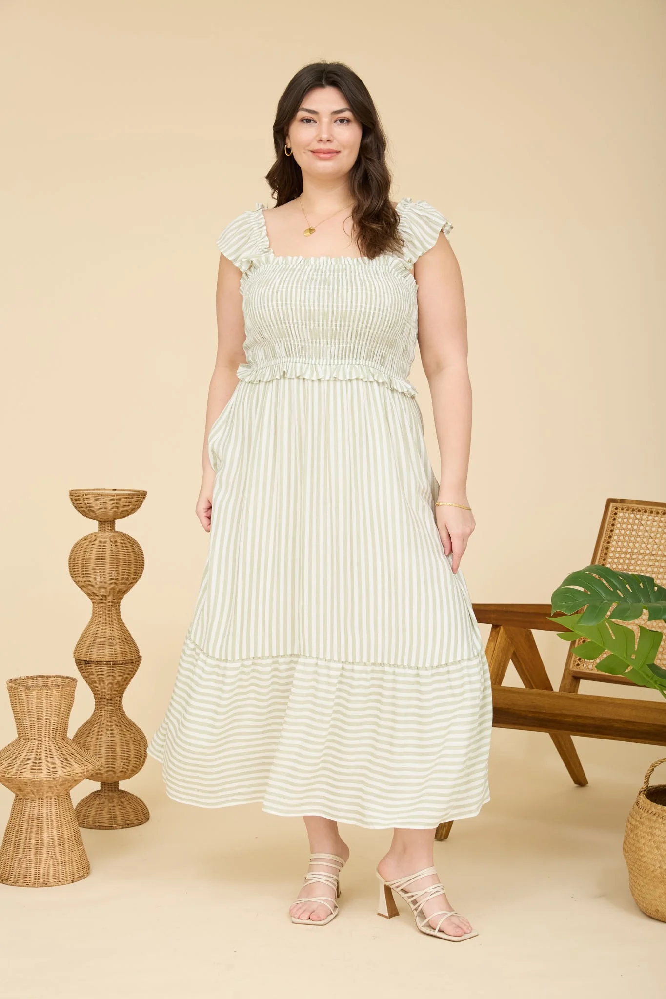 Light Olive Striped Smocked Maternity Plus Midi Dress - Image 4