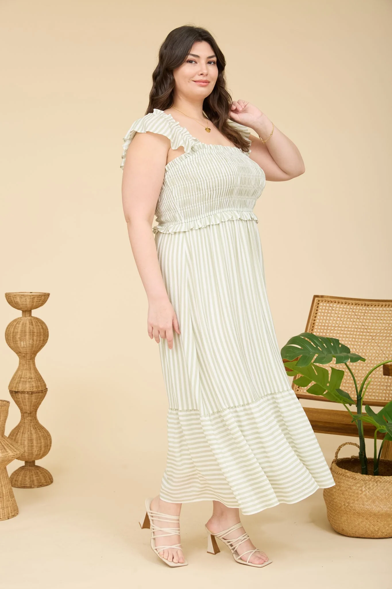 Light Olive Striped Smocked Plus Midi Dress - Image 3