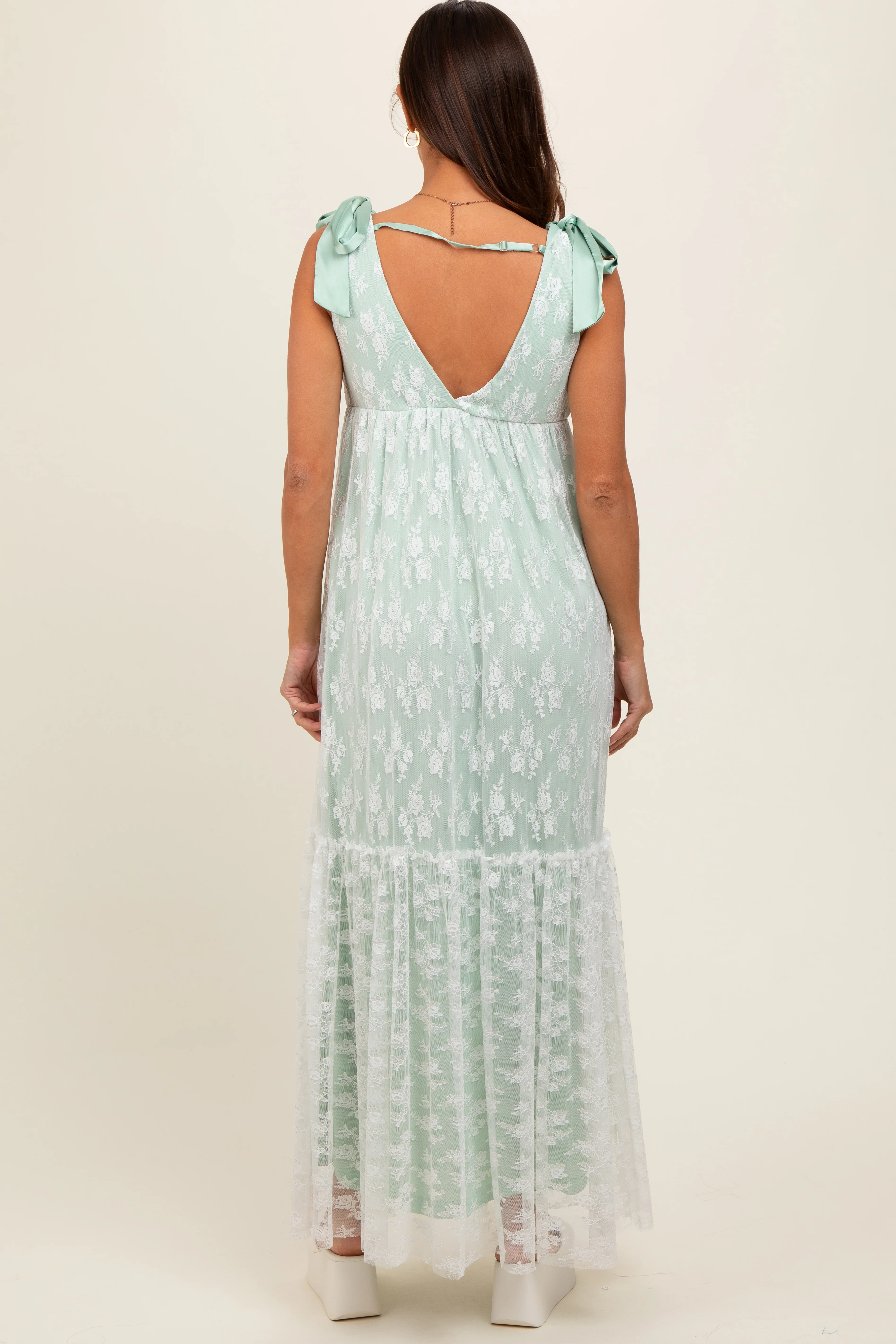 Light Olive V-Neck Satin Tie Lace Overlay Maternity Maxi Dress - Image 2