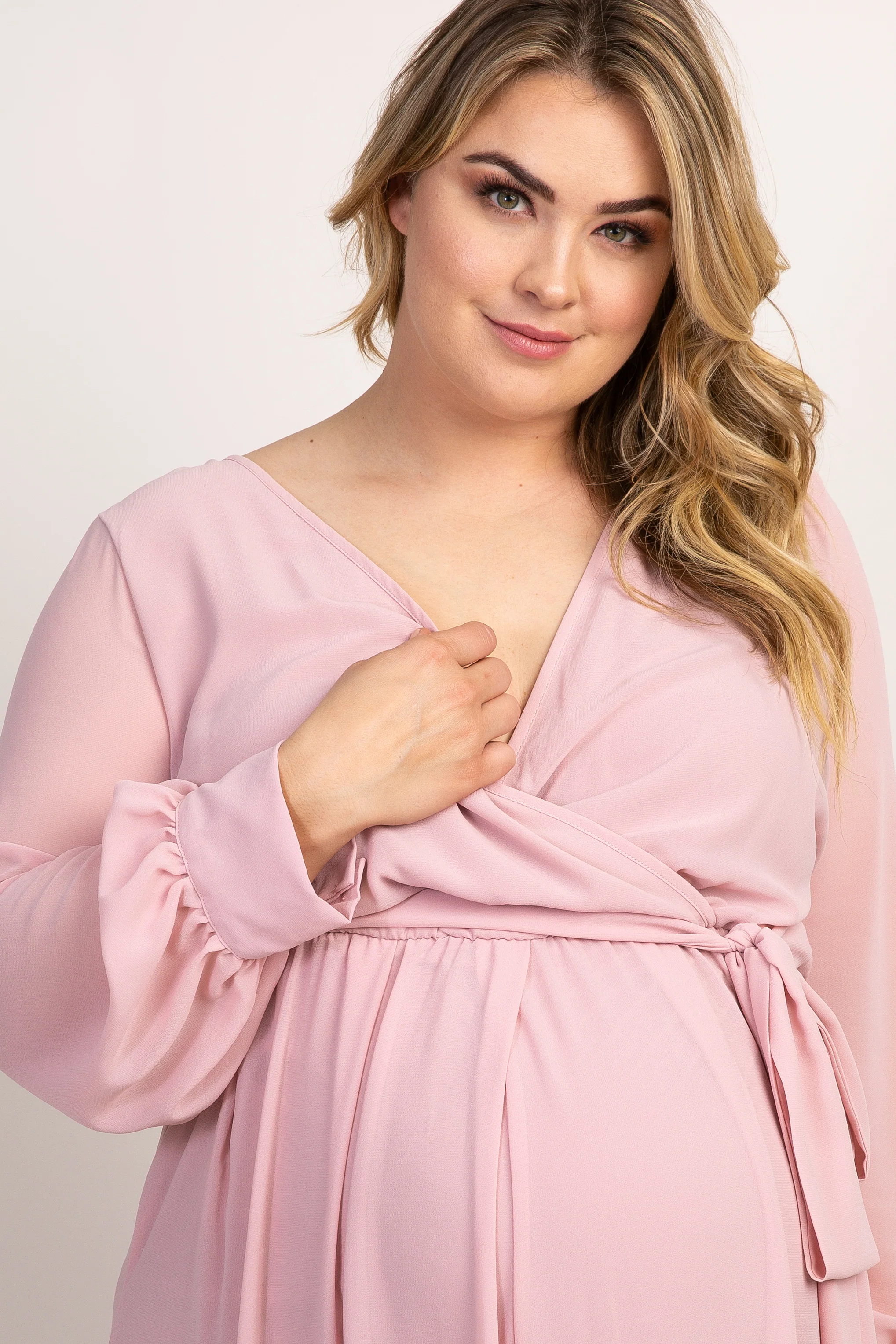 Light Pink Chiffon Long Sleeve Pleated Plus Maternity Maxi Dress - Image 5