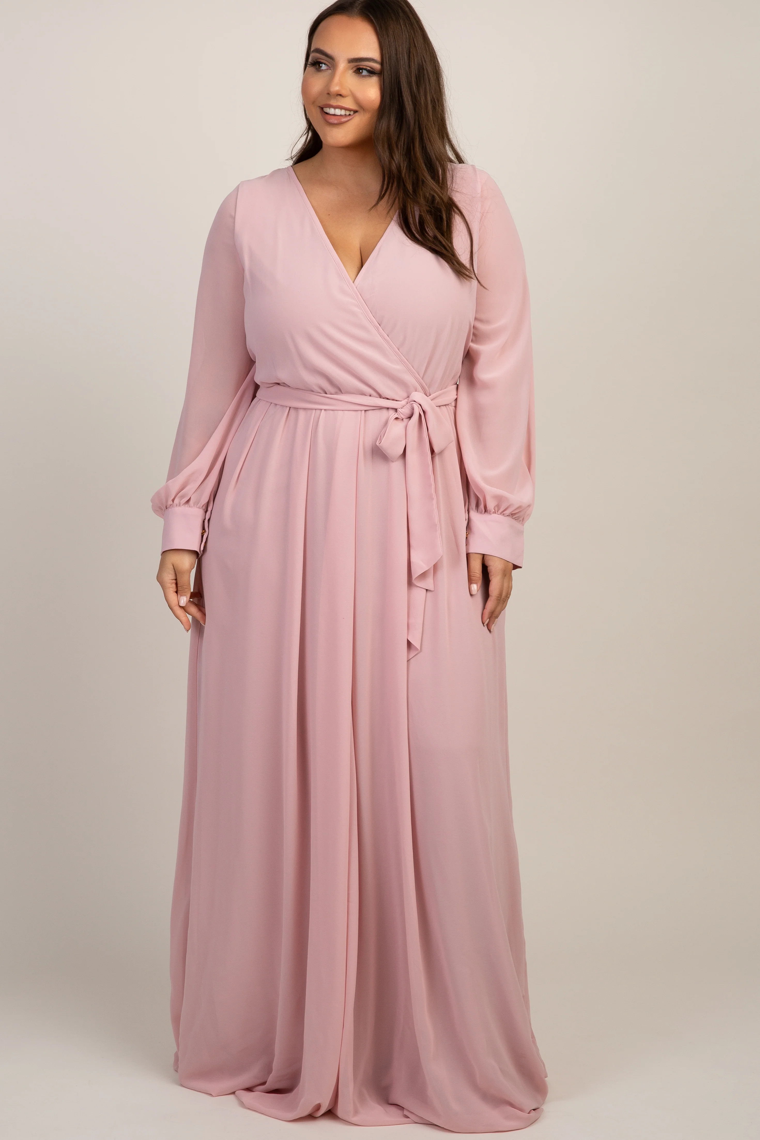 Light Pink Chiffon Long Sleeve Pleated Plus Maxi Dress - Image 4
