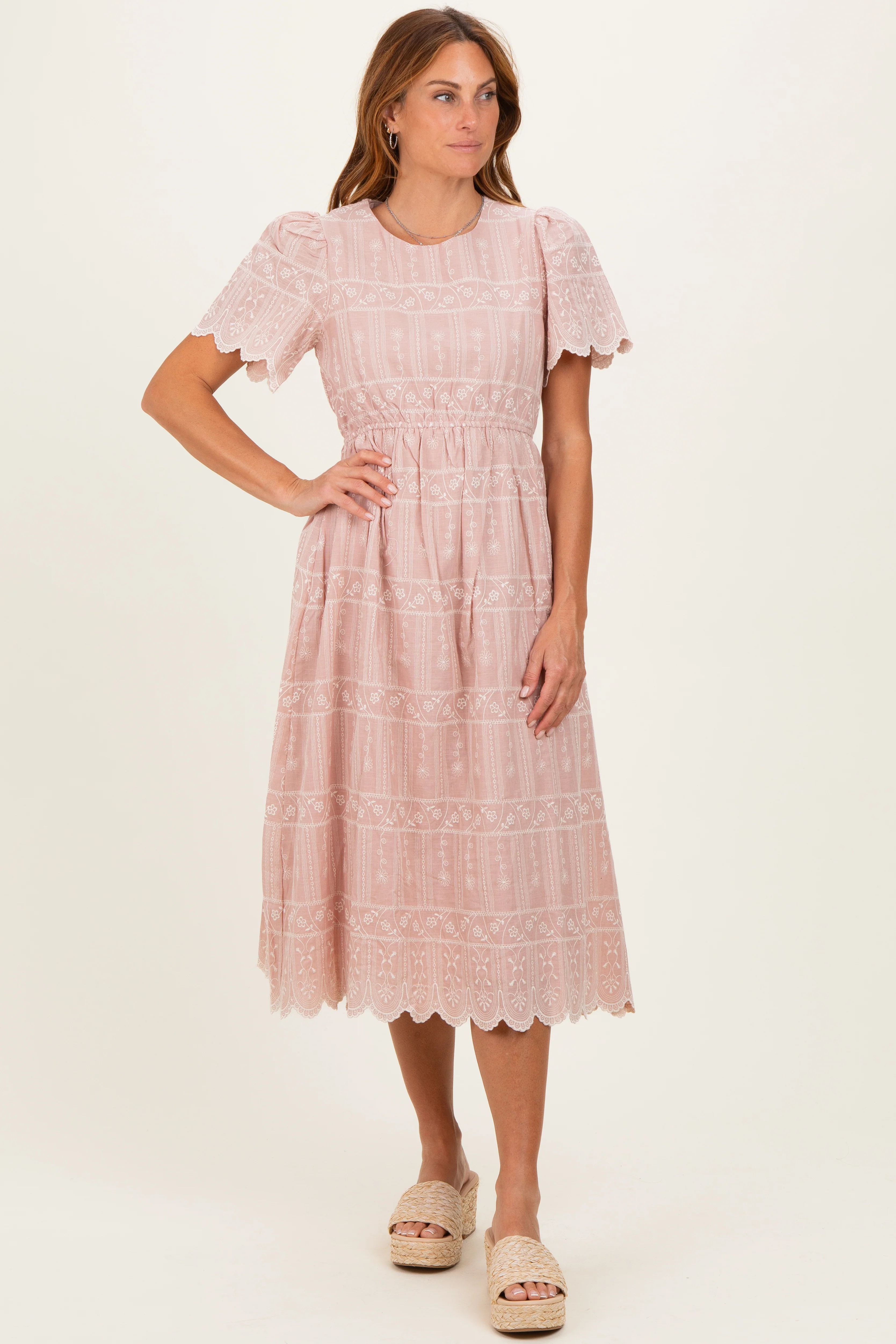 Light Pink Embroidered Floral Maternity Midi Dress - Image 5