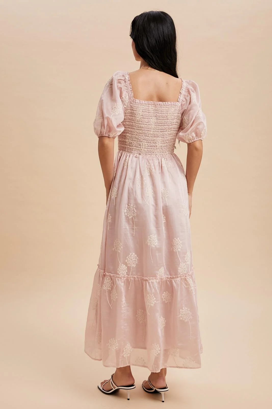 Light Pink Embroidered Floral Smocked Maxi Dress - Image 5