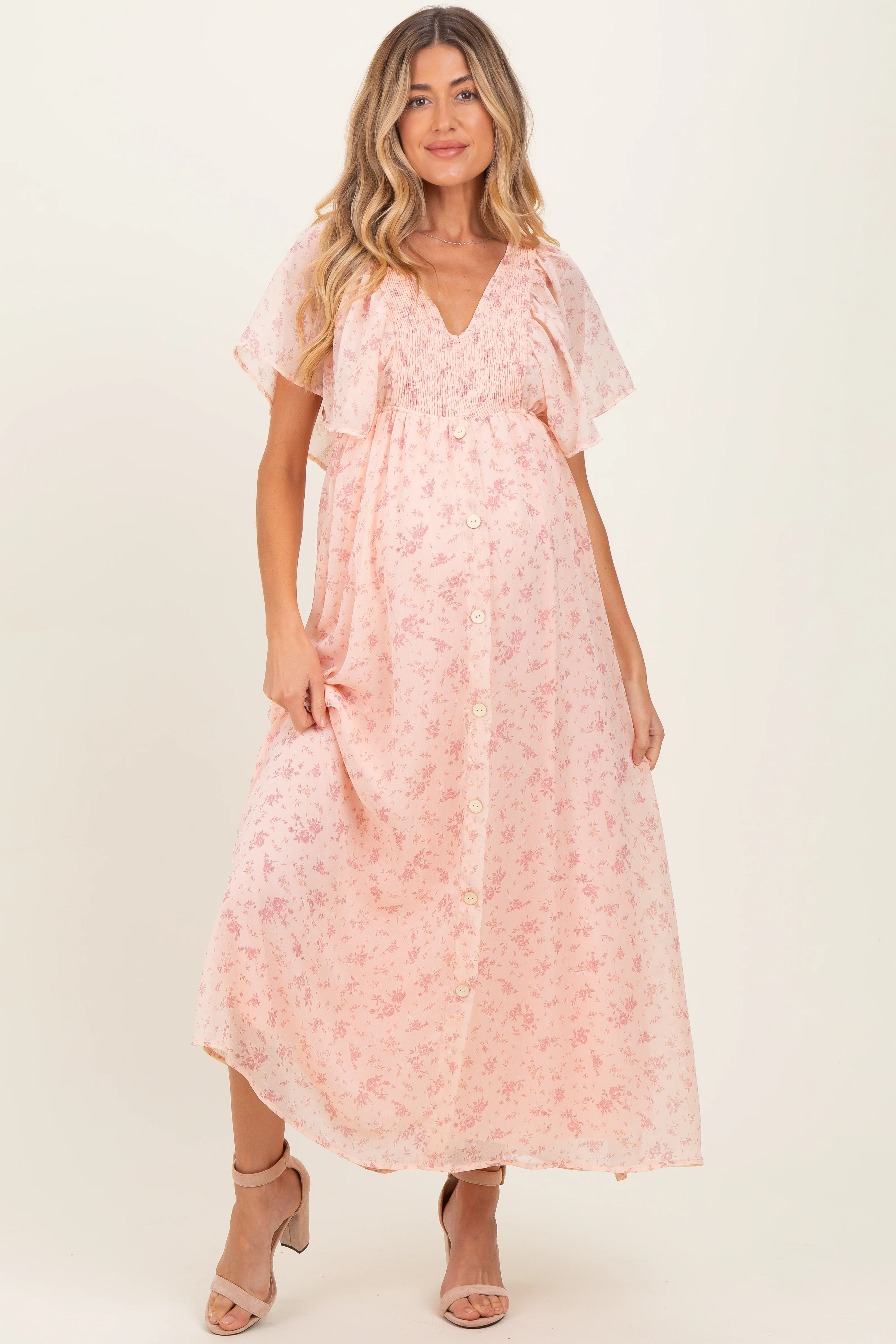 Light Pink Floral Chiffon Short Sleeve V-Neck Smocked Top Maternity Maxi Dress