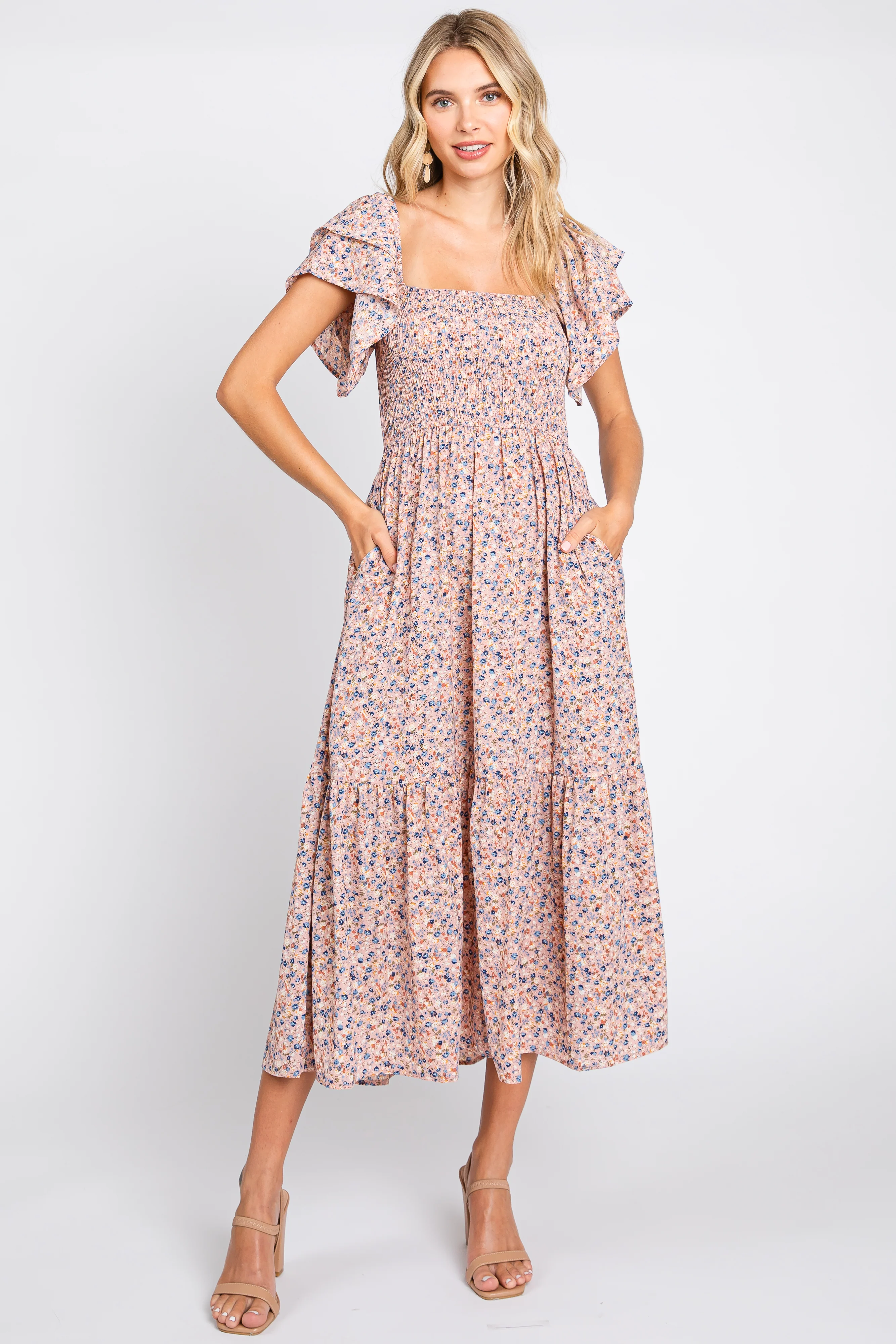 Light Pink Floral Flutter Maternity Midi Dress - Image 7