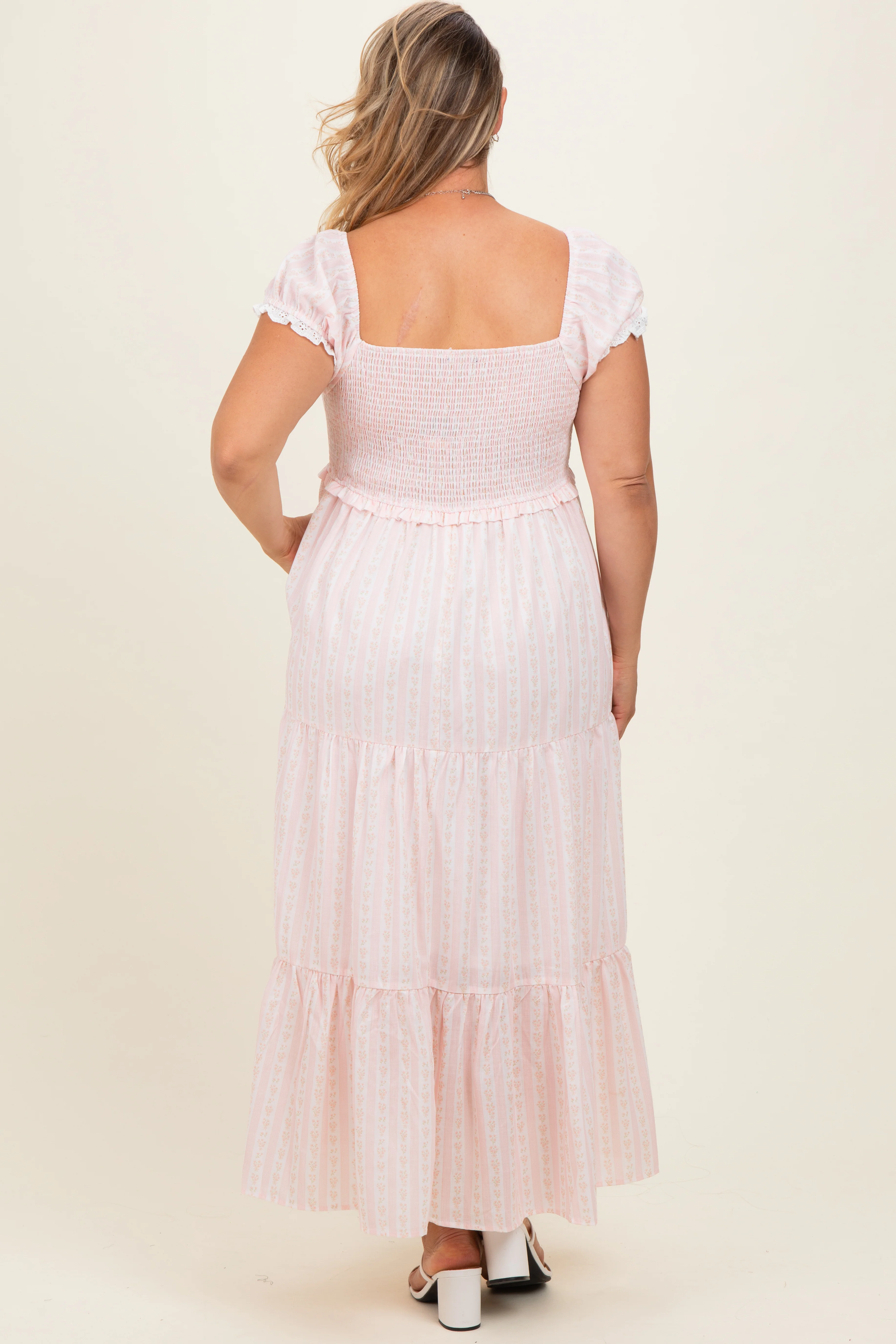 Light Pink Floral Lace Trim Tiered Maternity Plus Maxi Dress - Image 4