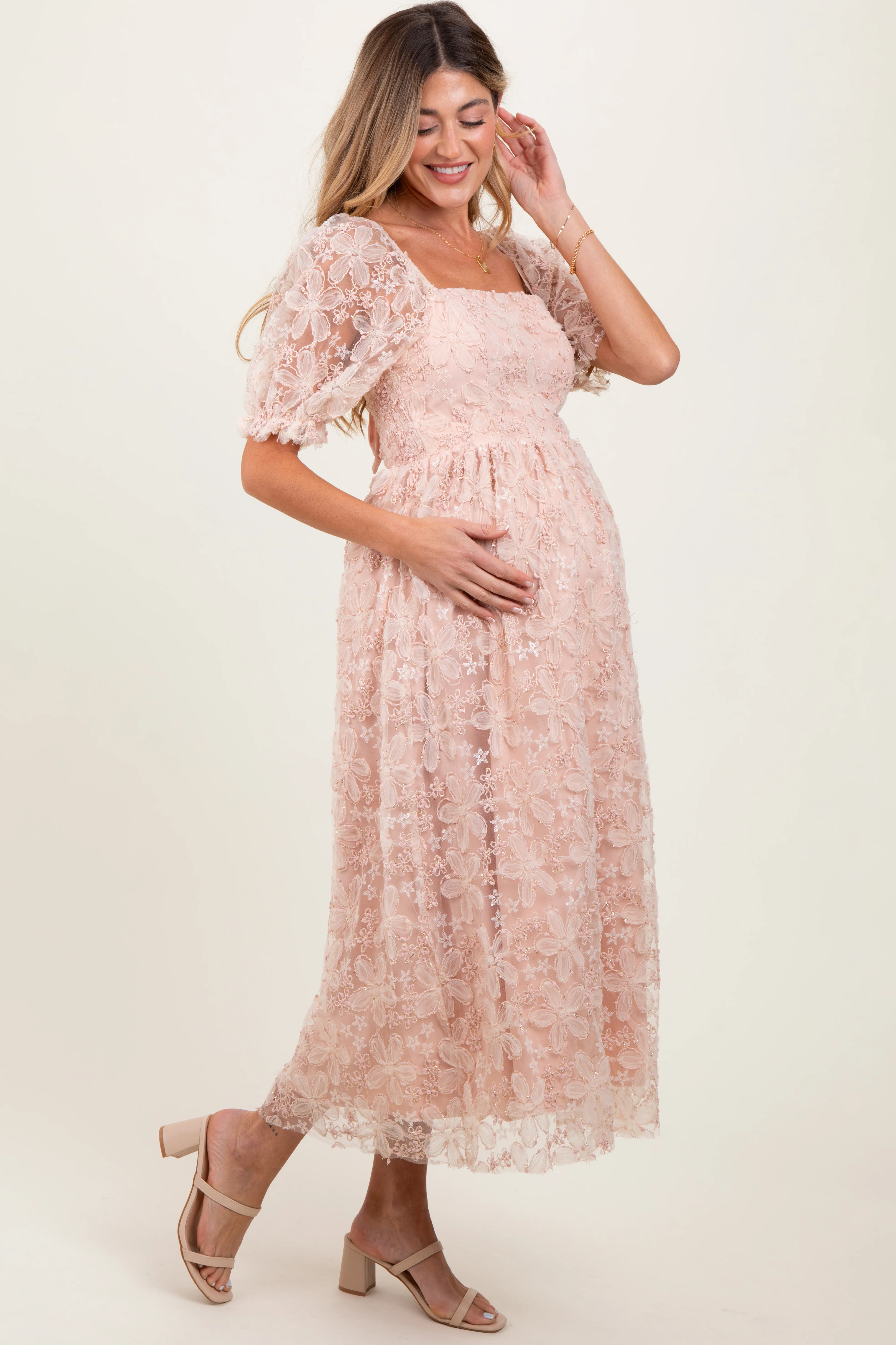 Light Pink Floral Mesh Overlay Tie Back Maternity Midi Dress - Image 4