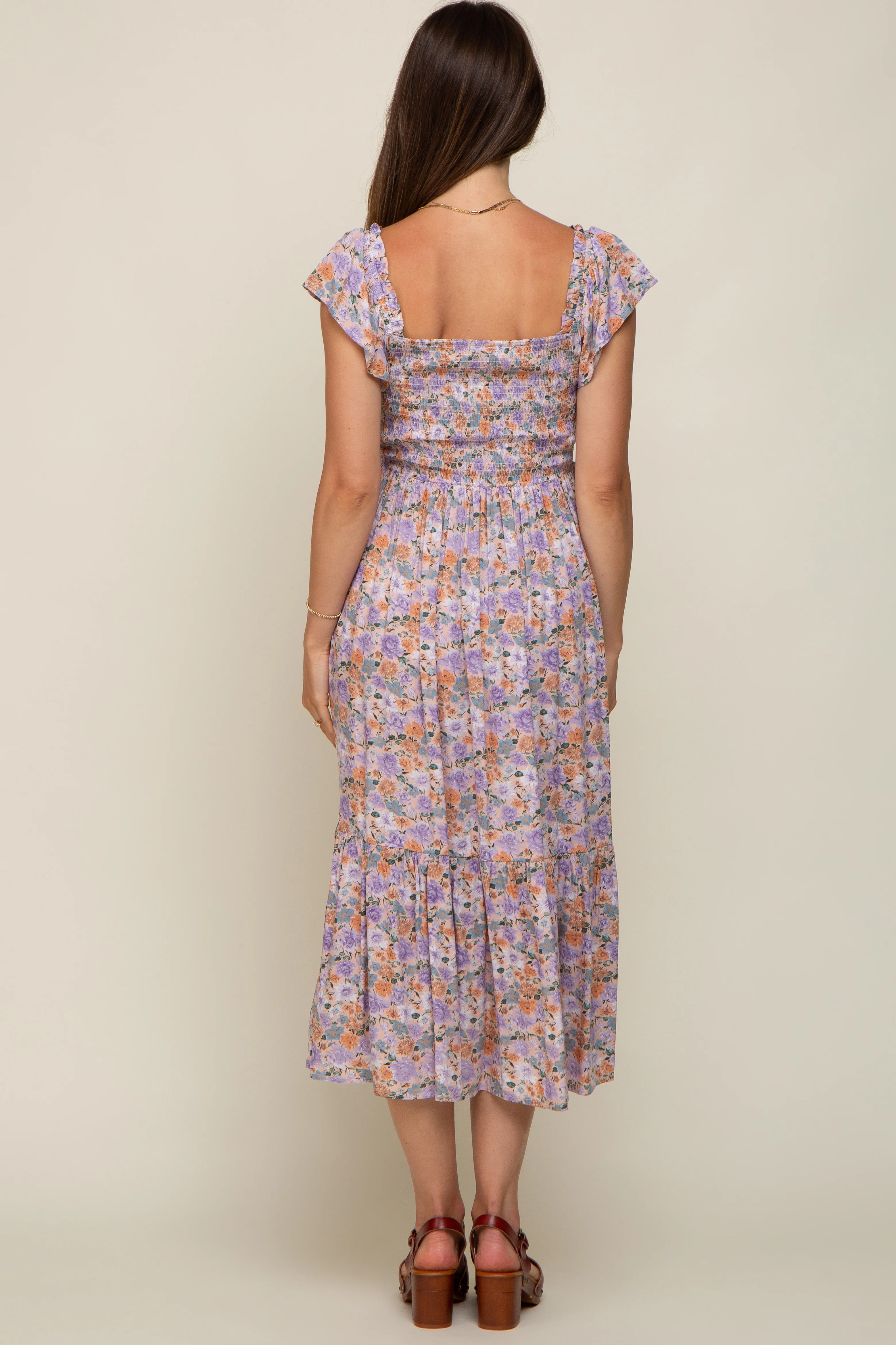 Light Pink Floral Off Shoulder Smocked Maternity Midi Dress - Image 3