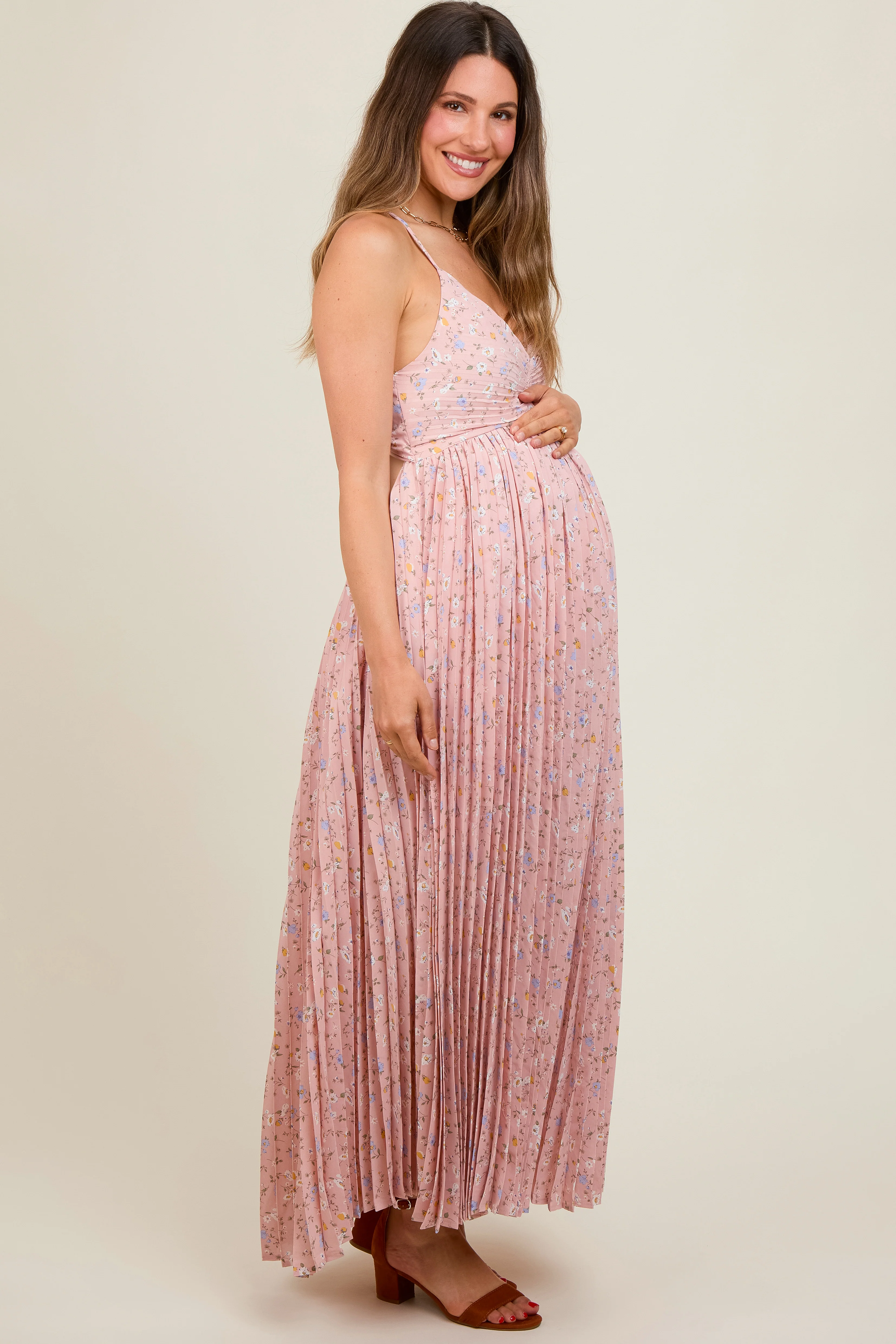 Light Pink Floral Pleated Back Cutout Maternity Maxi Dress - Image 3