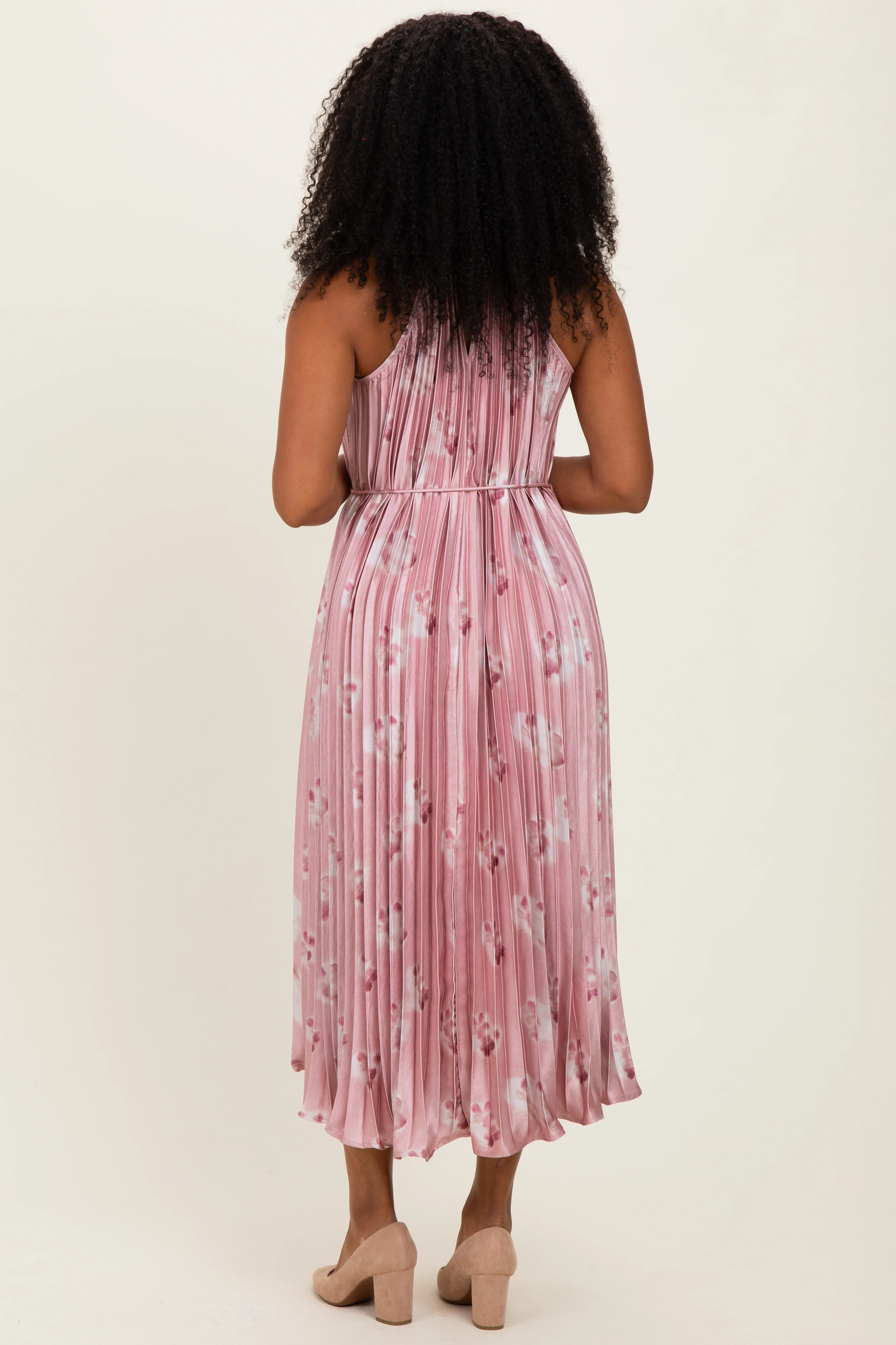 Light Pink  Floral Pleated Halter Midi Dress - Image 3