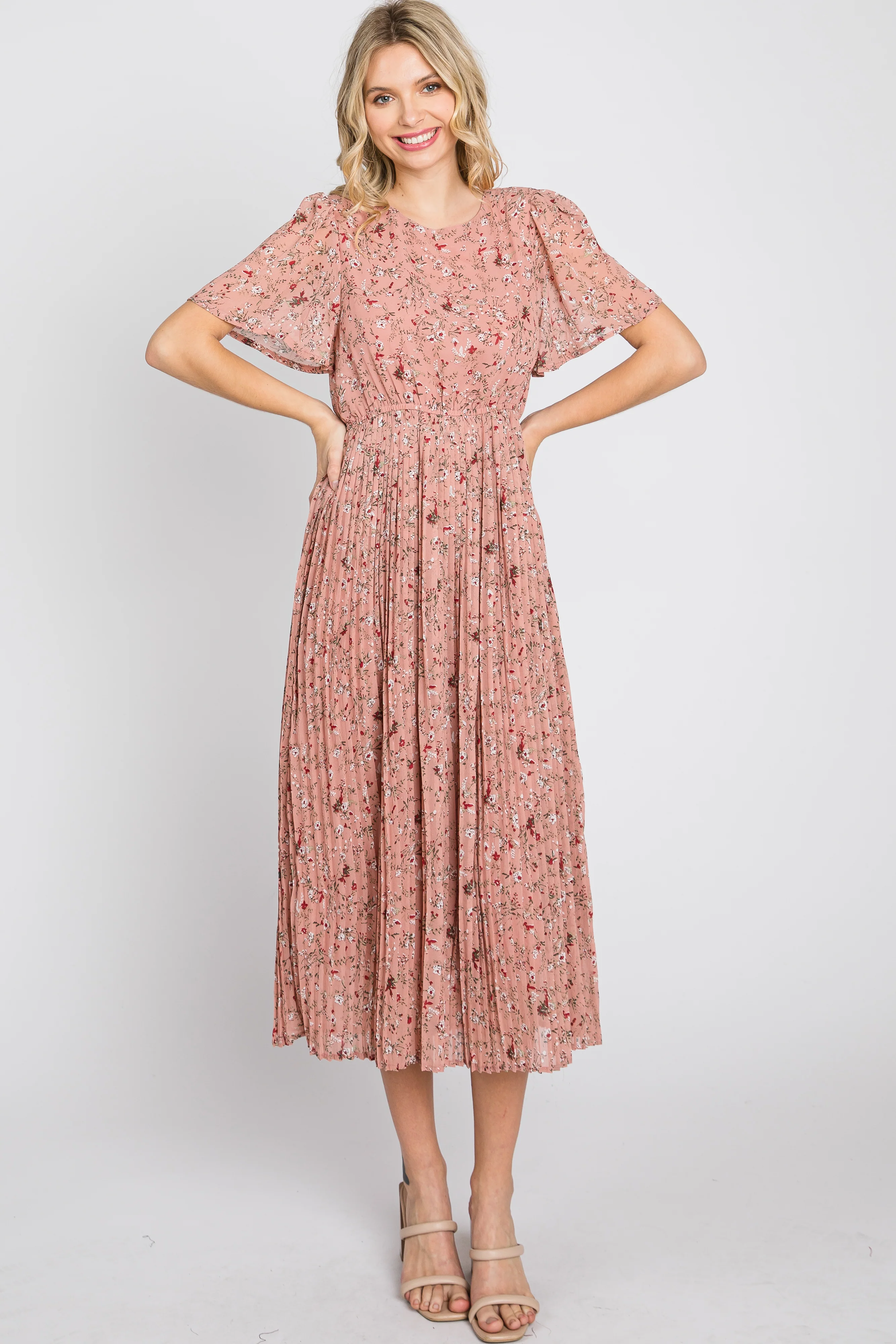 Light Pink Floral Pleated Short Sleeve Chiffon Midi Dress - Image 10