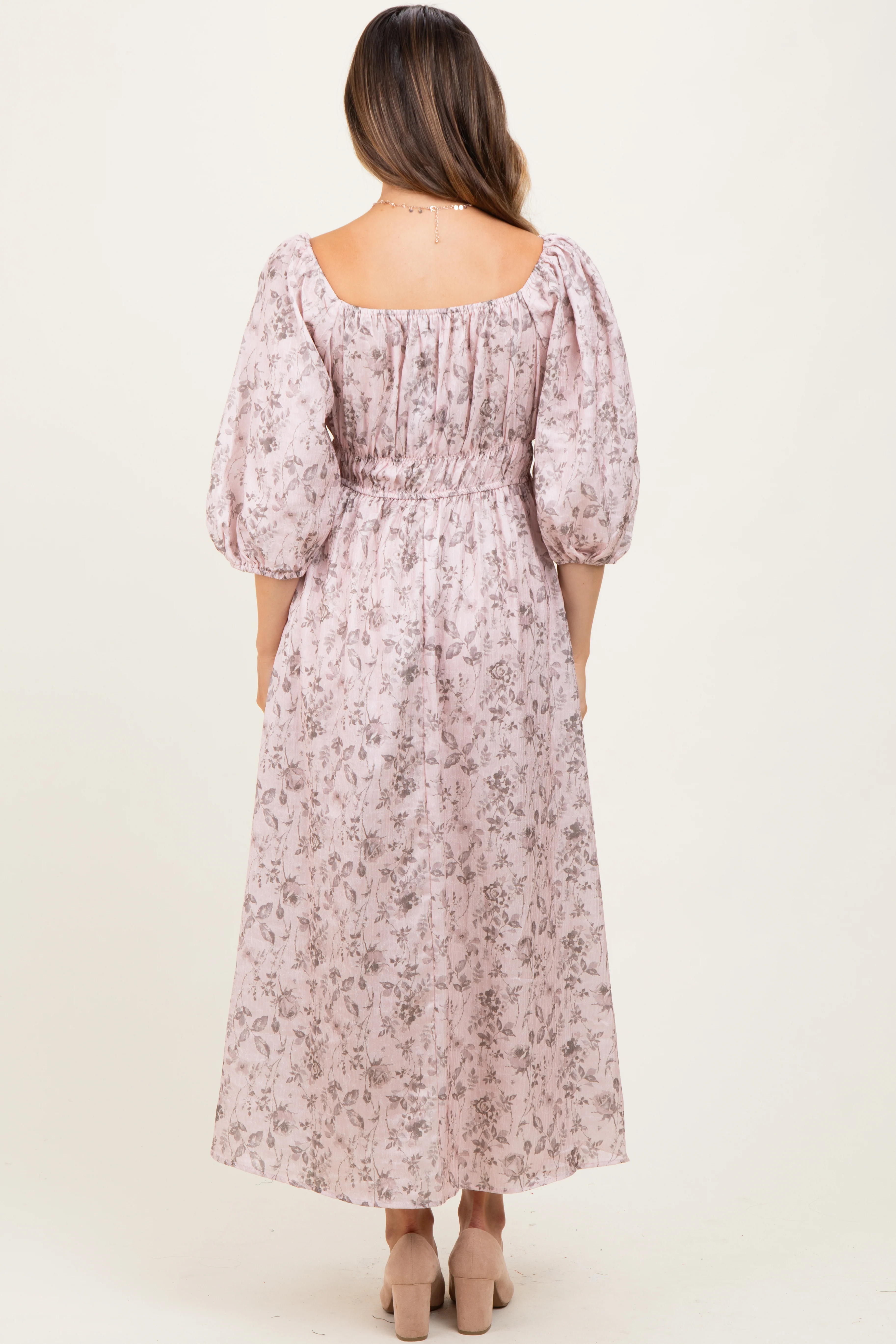 Light Pink Floral Puff Sleeve Smocked Waist Maternity Midi Dress - Image 4
