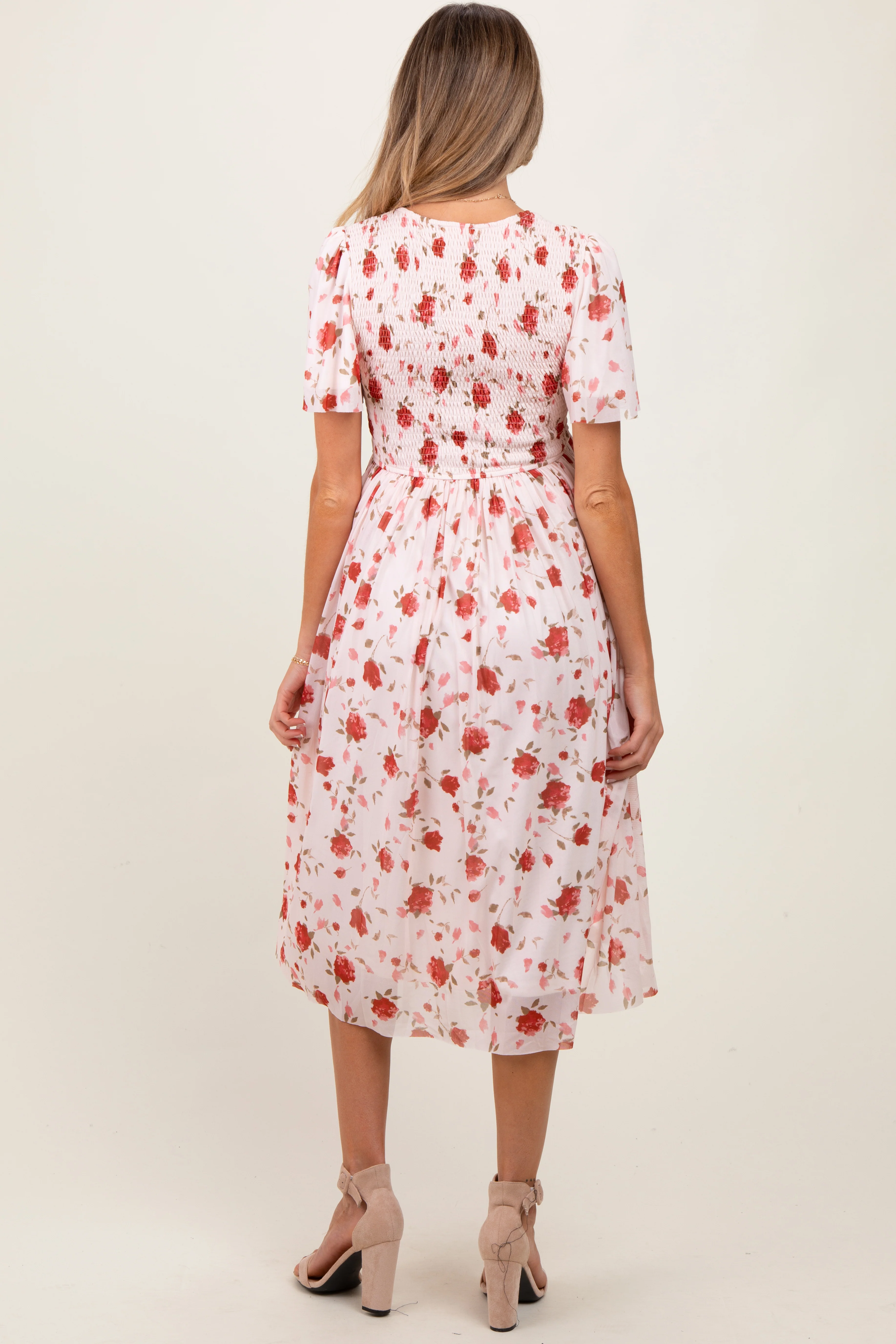 Light Pink Floral Smocked V-Neck Maternity Midi Dress - Image 4