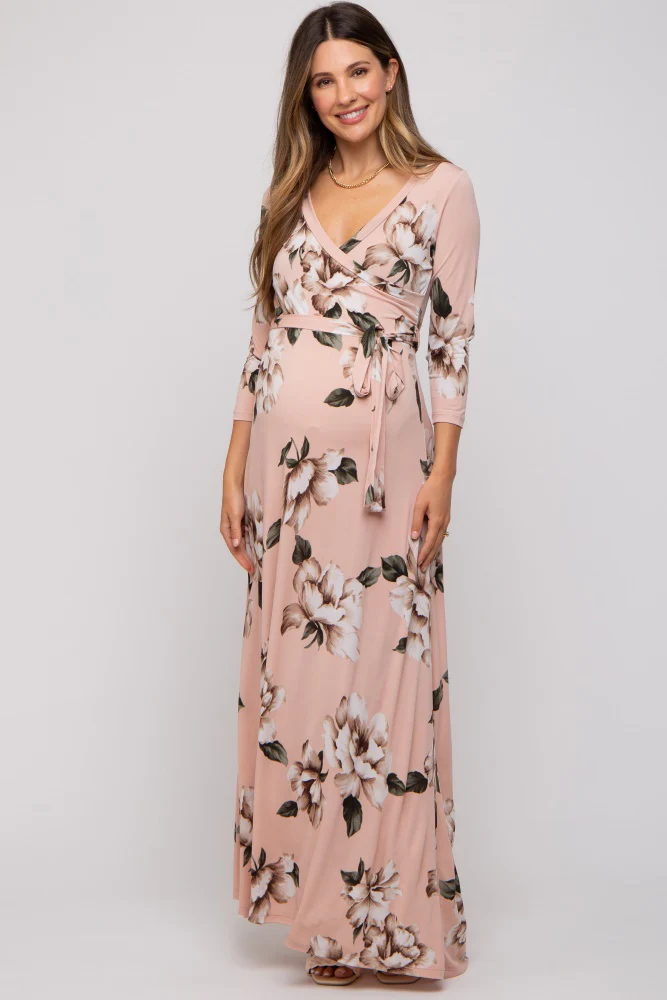 Light Pink Floral Wrap Maternity Maxi Dress - Image 3