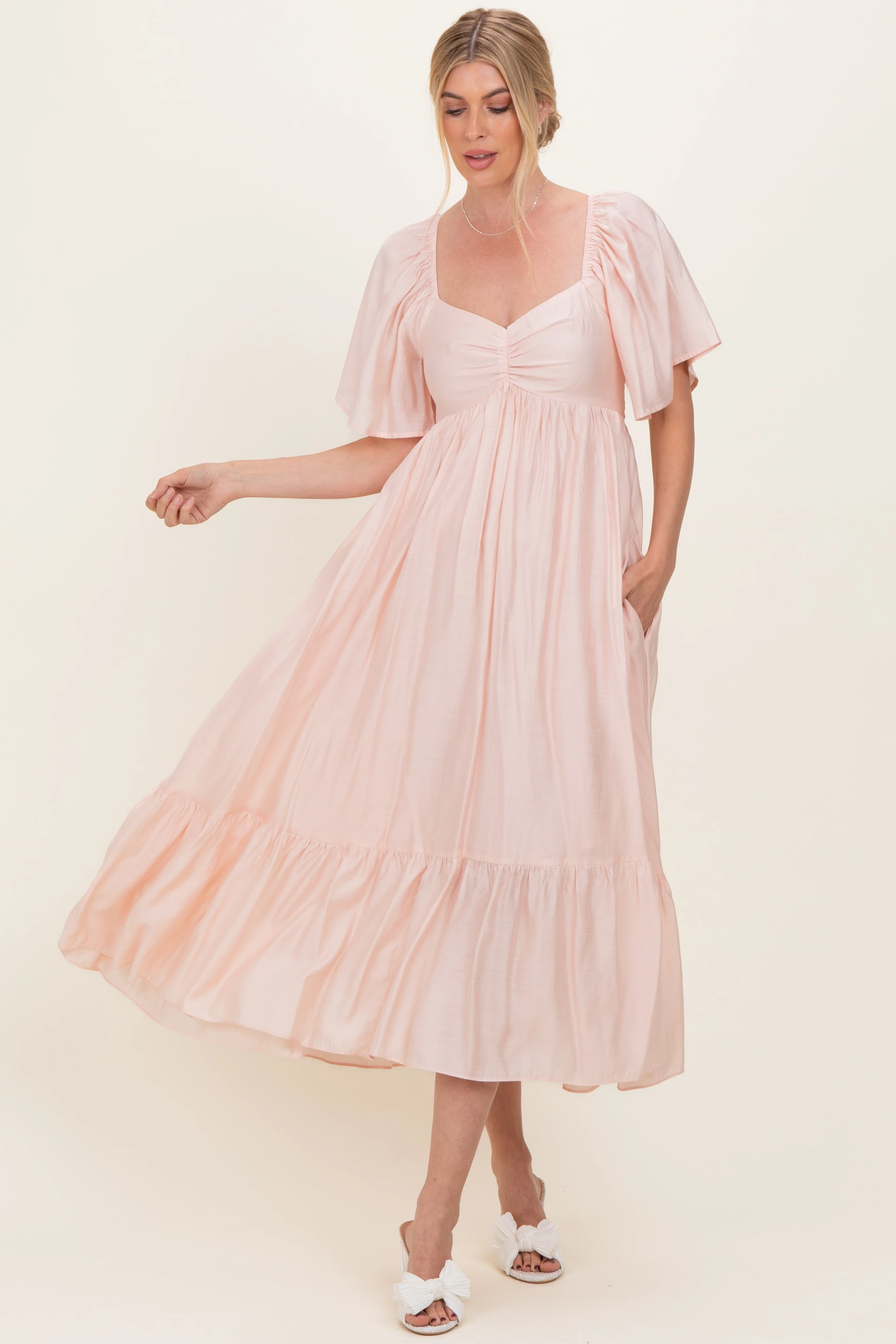 Light Pink Flutter Sleeve Ruffle Hem Maternity Midi Dress - Image 4