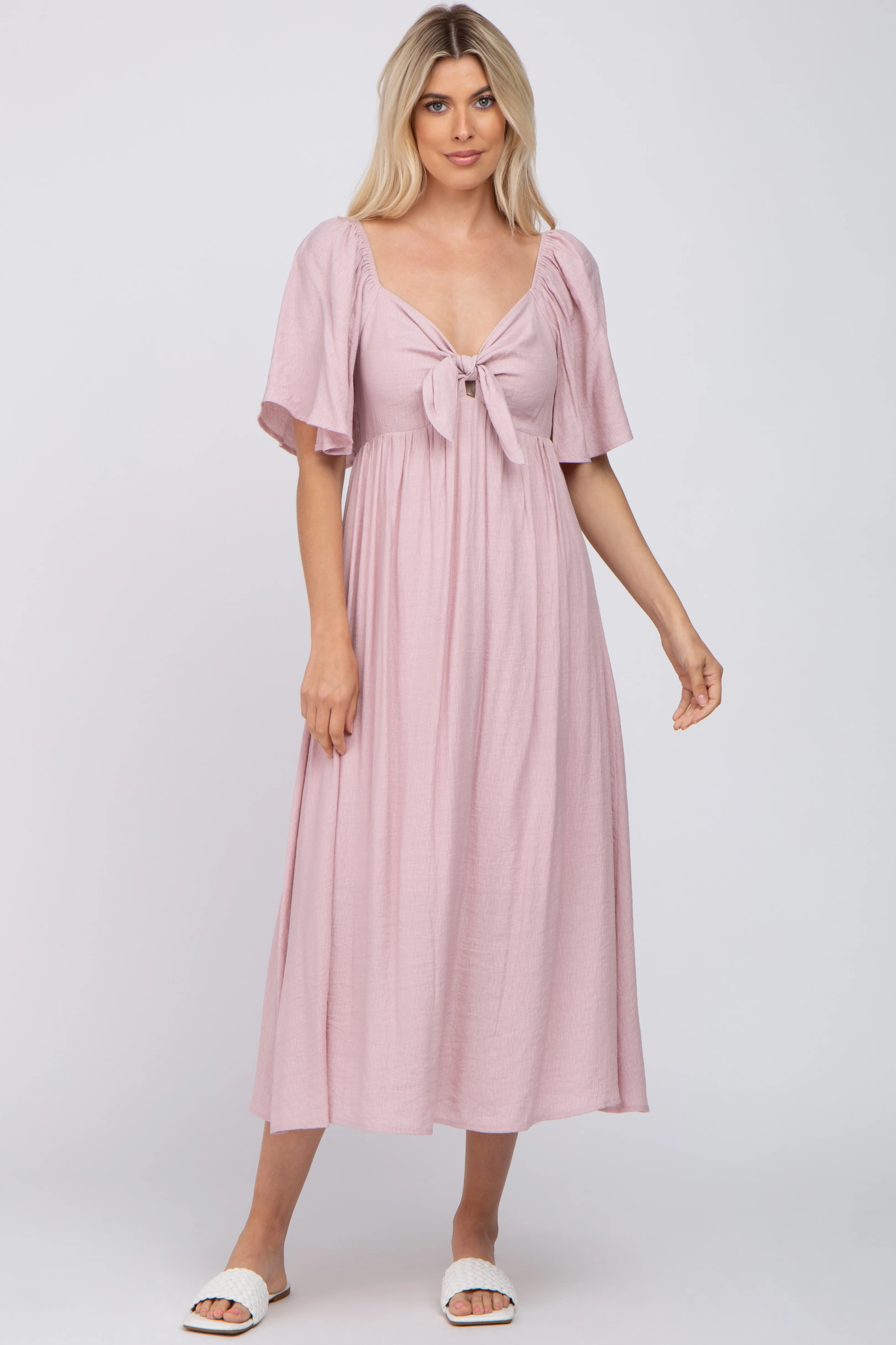 Light Pink Front Tie Ruffle Sleeve Maternity Midi Dress - Image 6