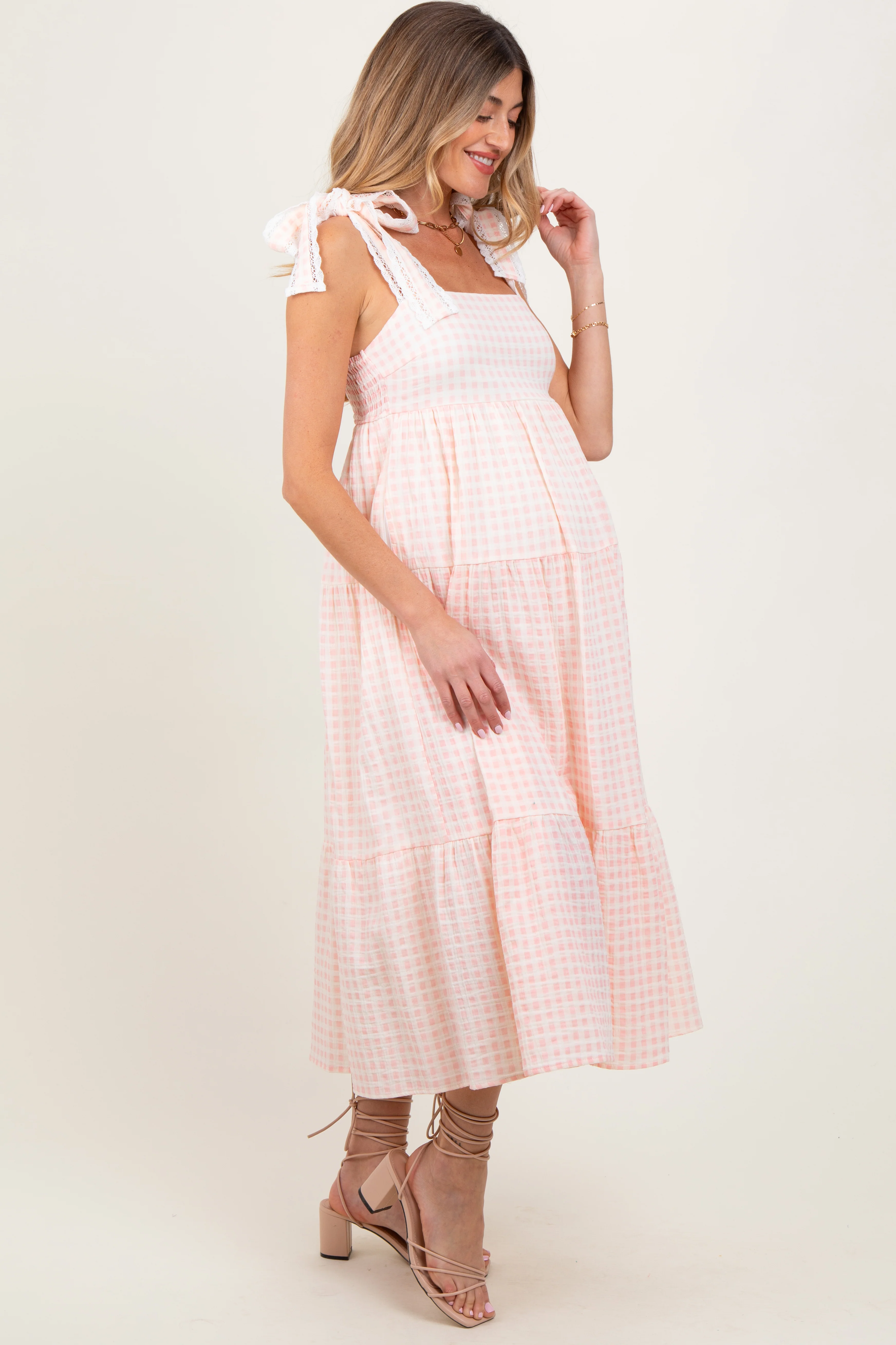 Light Pink Gingham Lace Trim Shoulder Tie Maternity Maxi Dress - Image 3