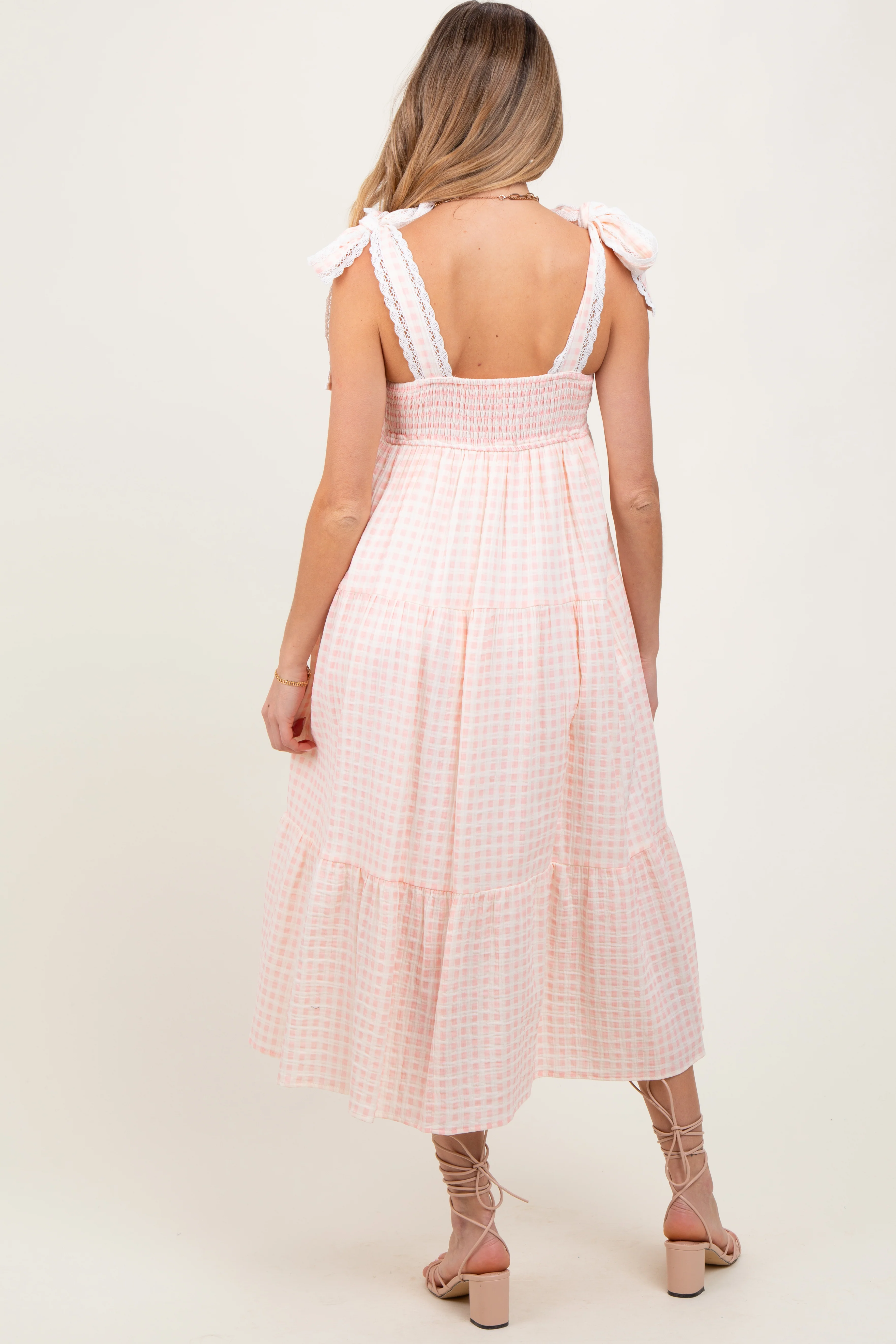Light Pink Gingham Lace Trim Shoulder Tie Maternity Maxi Dress - Image 4