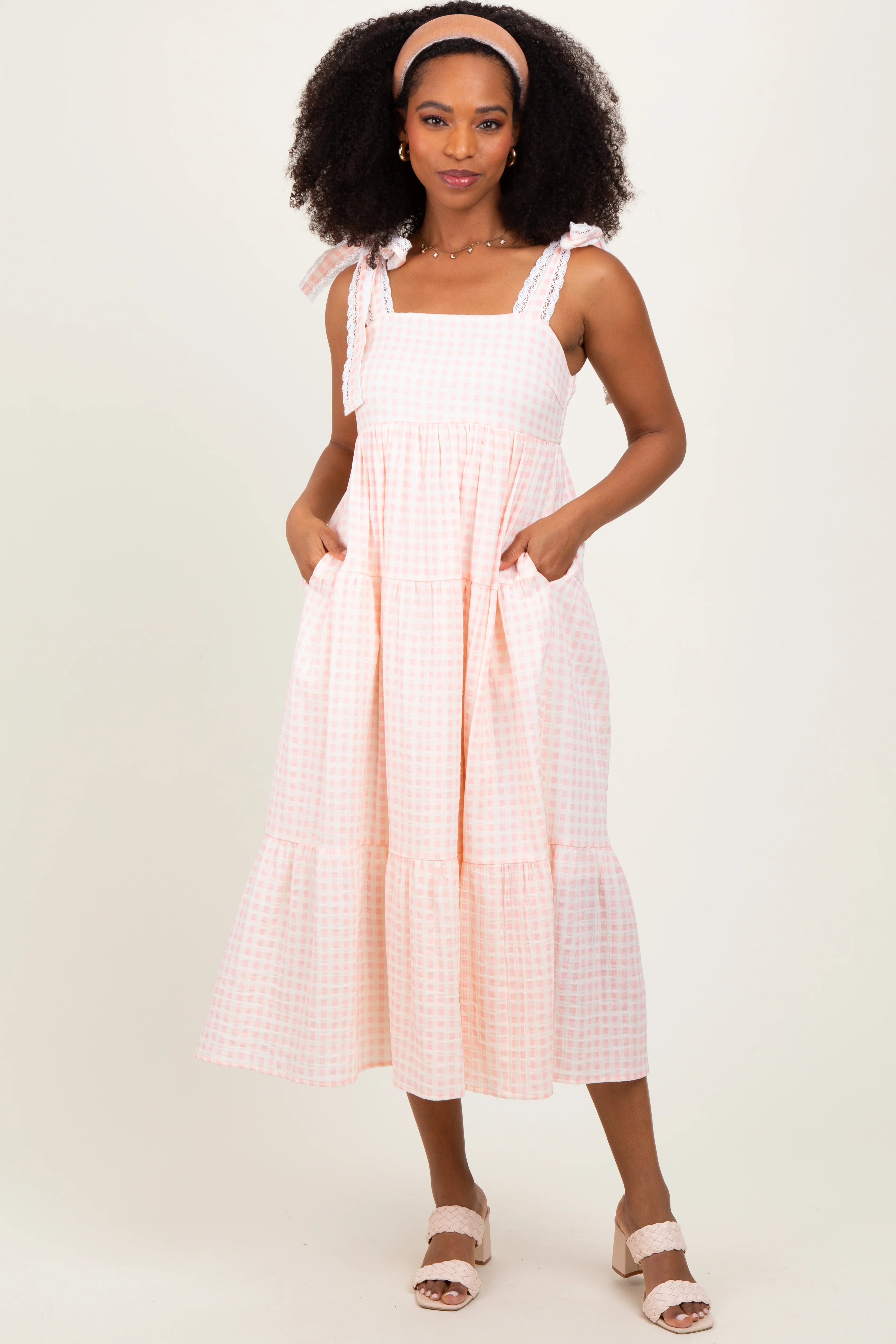Light Pink Gingham Lace Trim Shoulder Tie Maternity Maxi Dress - Image 5