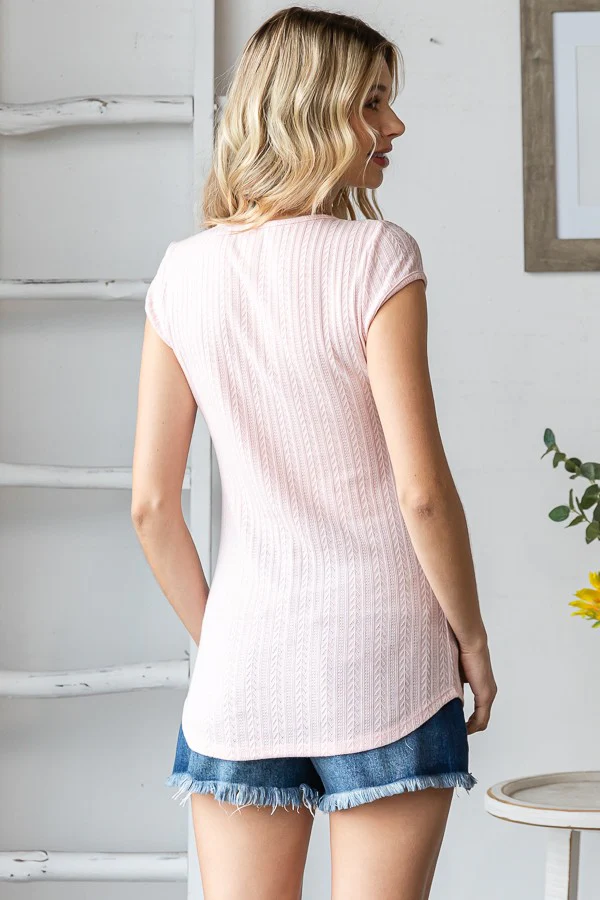 Light Pink Jacquard Button Front Short Sleeve Top - Image 5