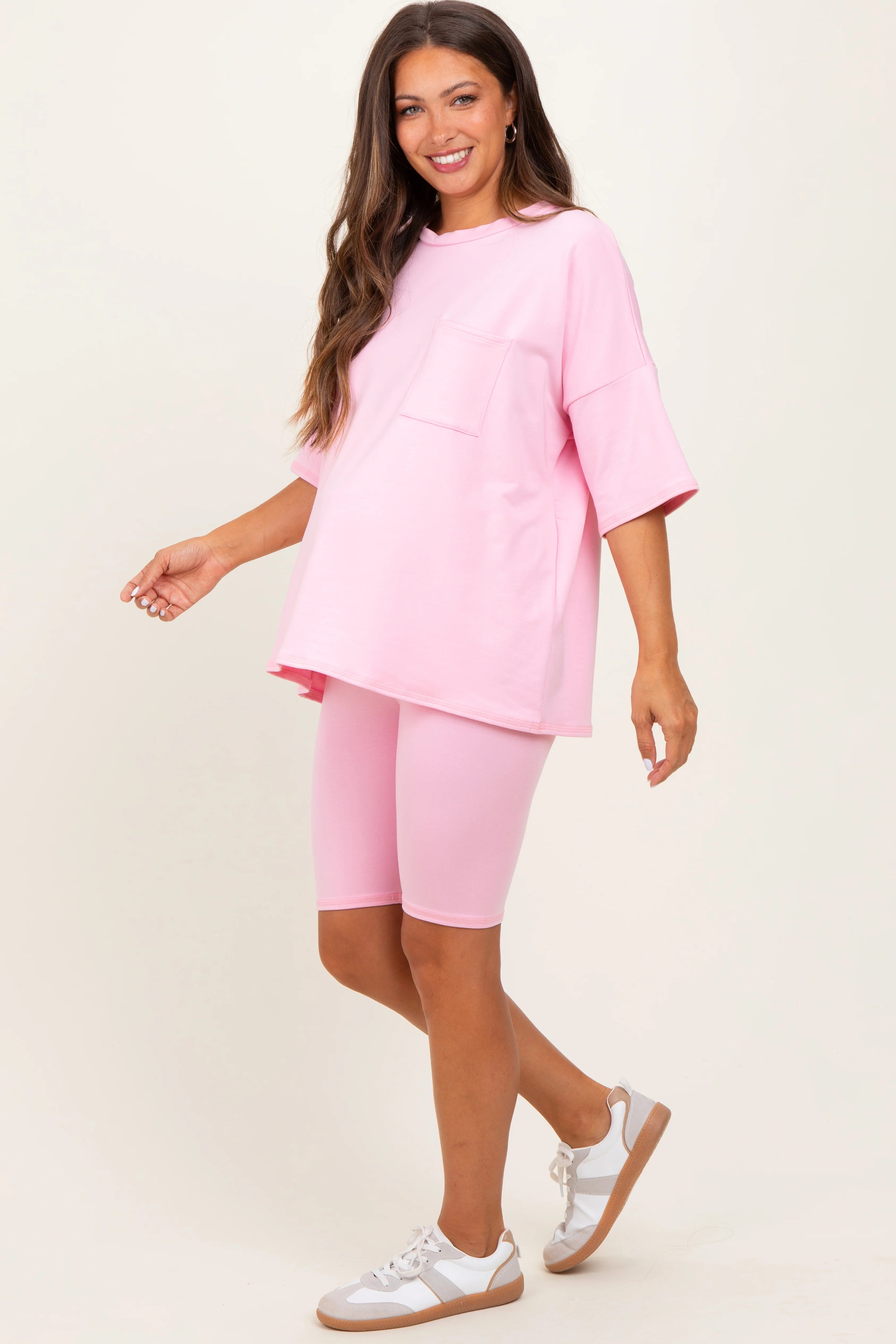 Light Pink Oversized Short Sleeve Biker Short Maternity Set - Image 3