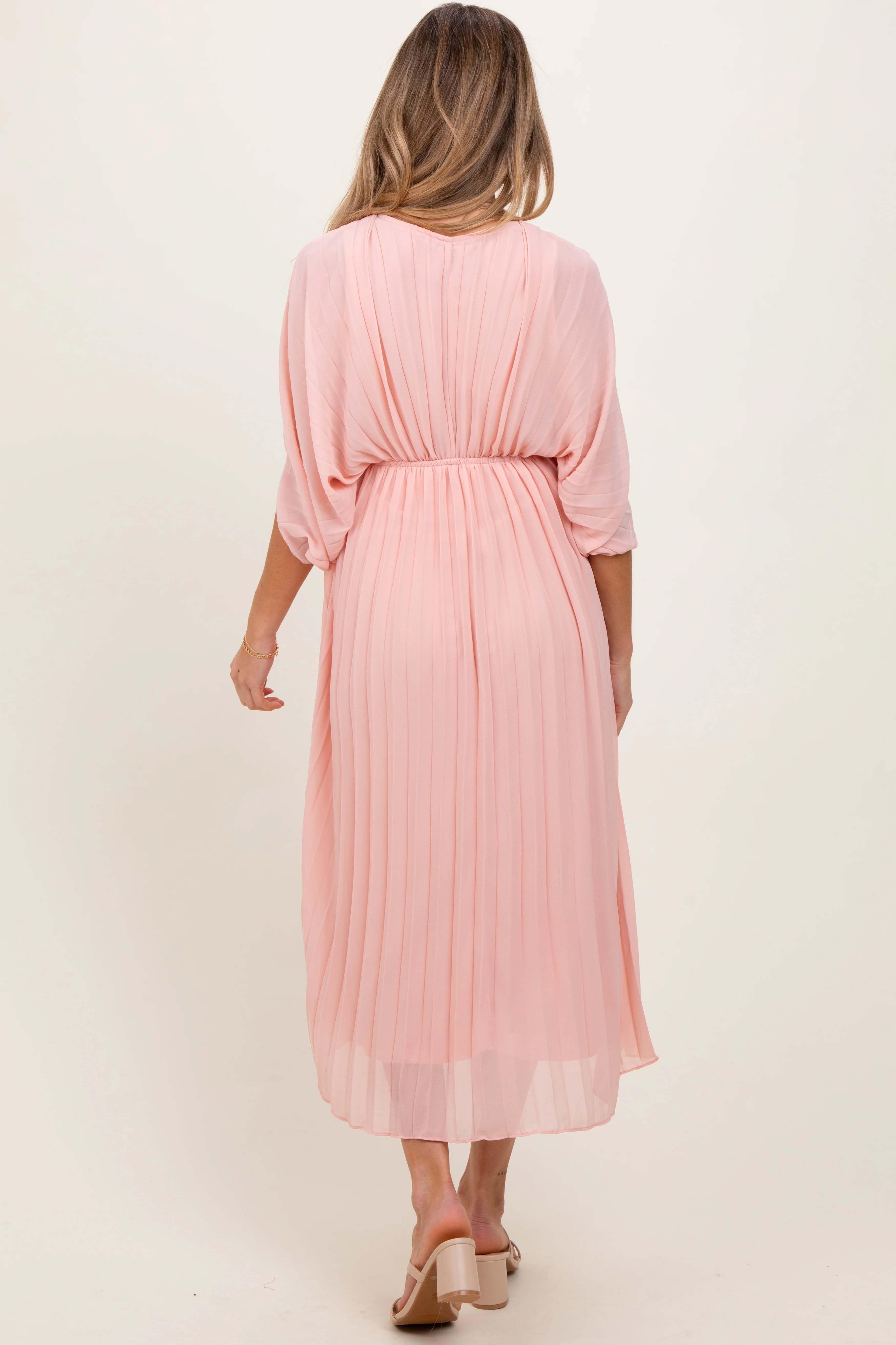 Light Pink Pleated V Neck Maternity Maxi Dress - Image 3