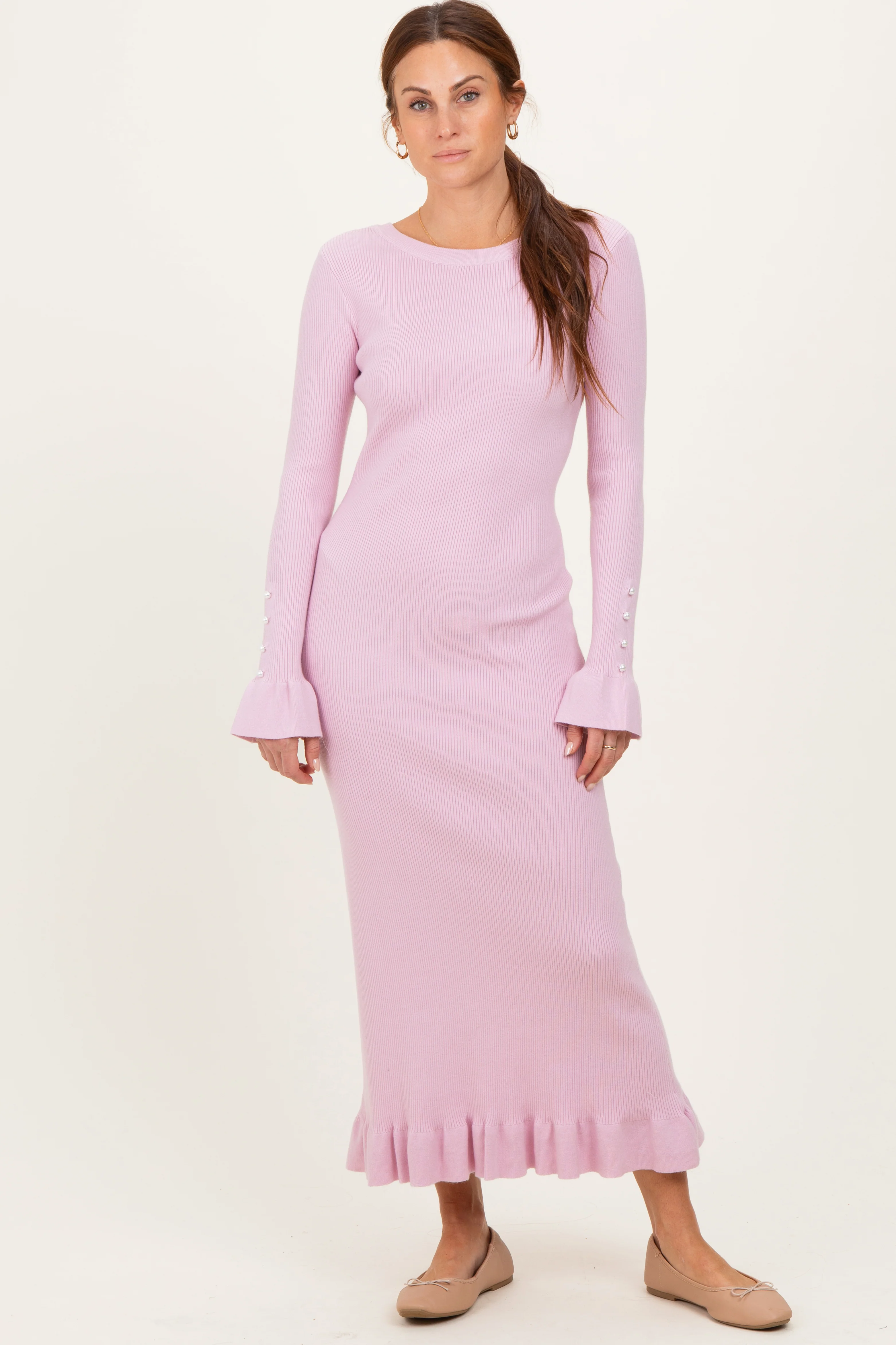 Light Pink Ribbed Knit Bow Back Maternity Maxi Dress - Image 4