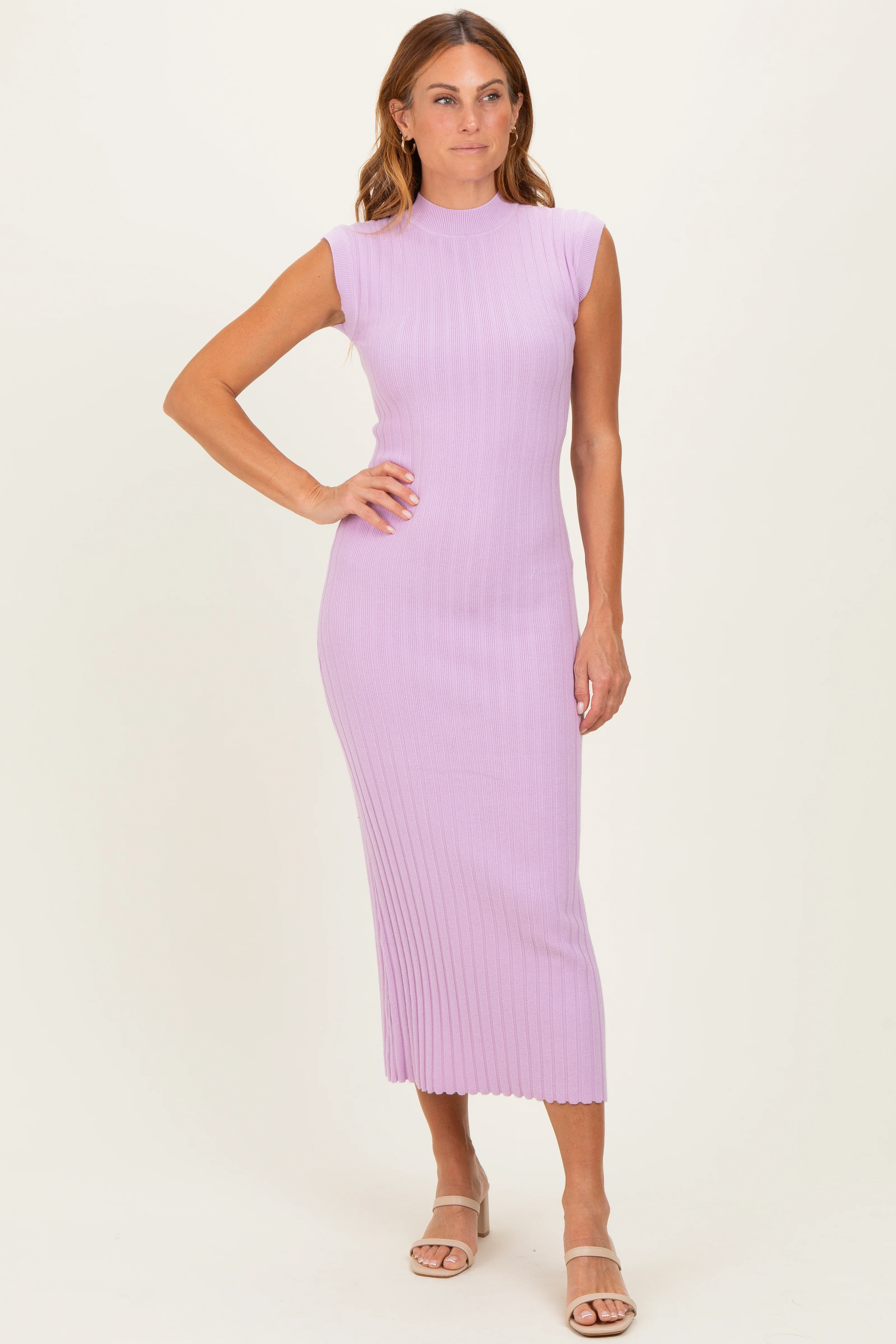 Light Pink Ribbed Knit Mock Neck Maternity Maxi Dress - Image 4
