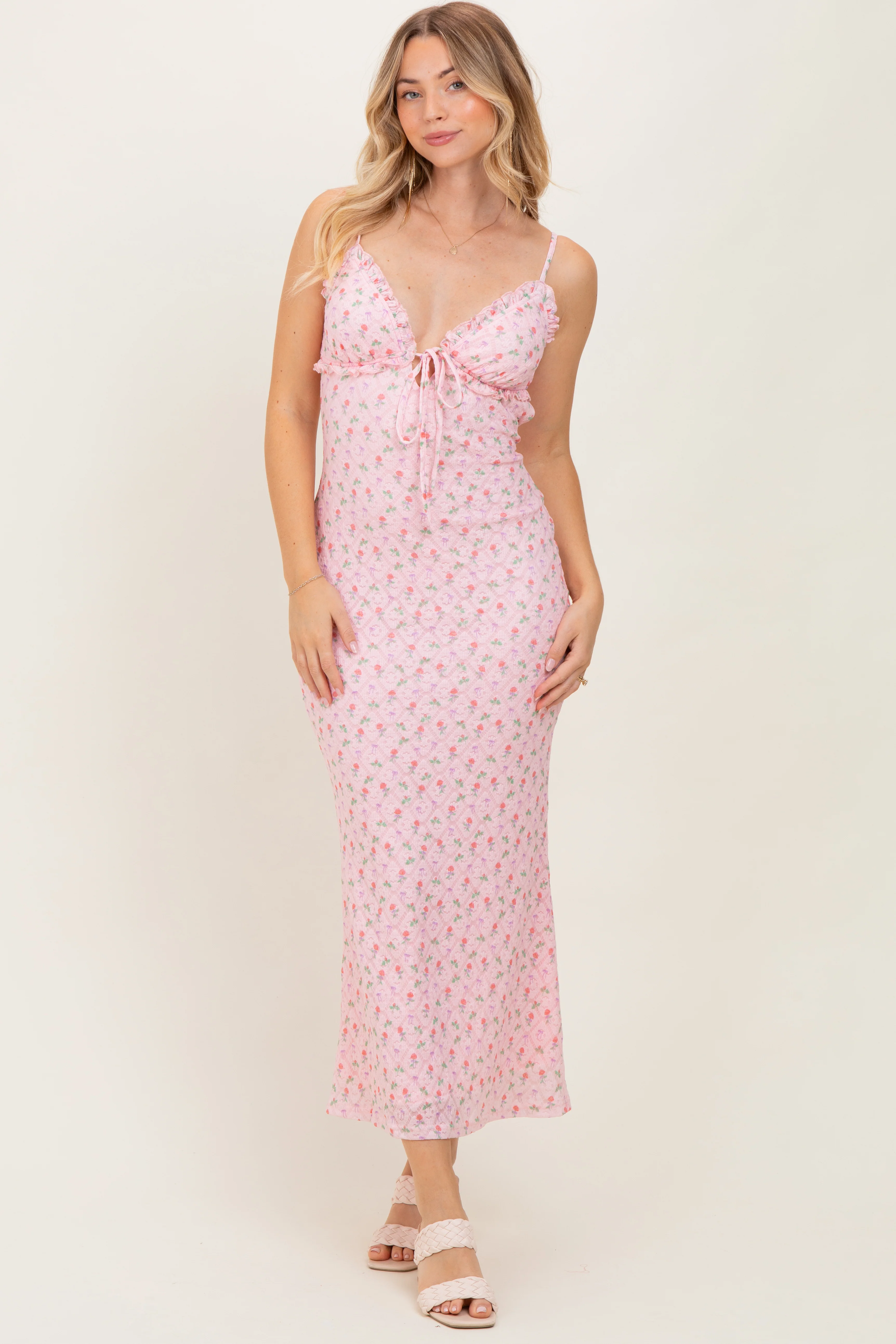 Light Pink Rose Print Jacquard Front Tie Cutout Maternity Maxi Dress - Image 5