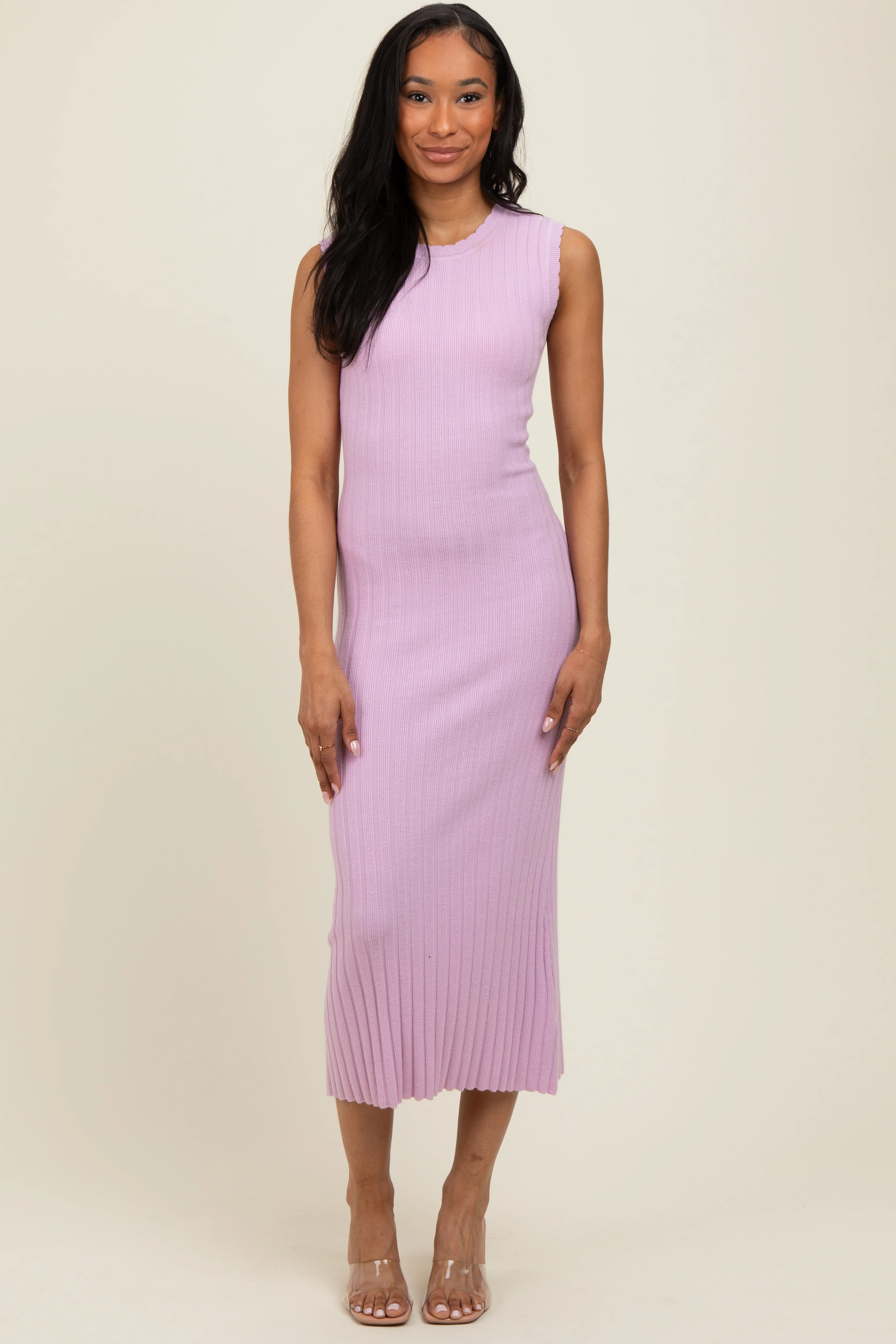 Light Pink Scalloped Ribbed Knit Sleeveless Maternity Midi Dress - Image 4