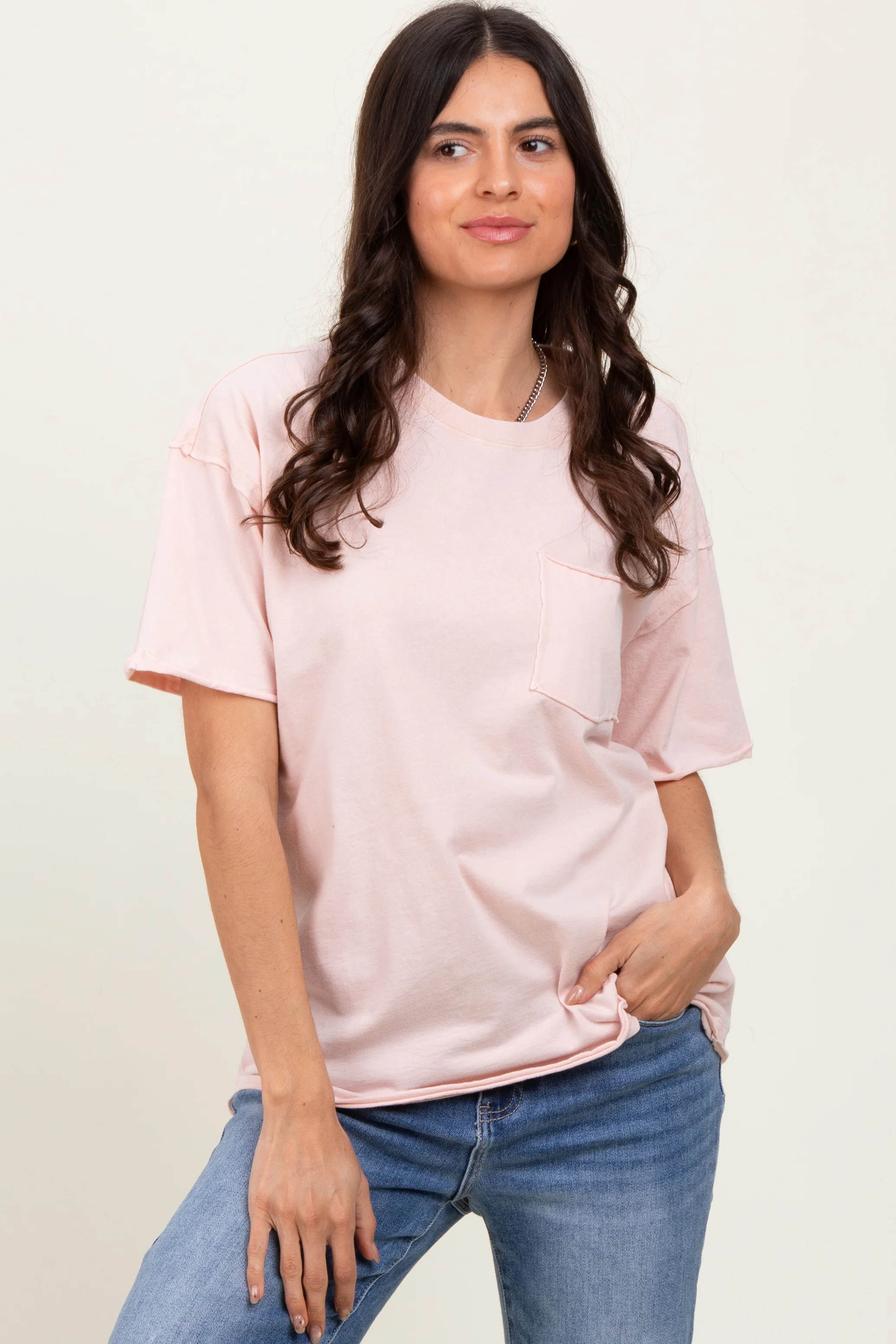 Light Pink Short Sleeve Front Pocket Tunic Top - Image 2