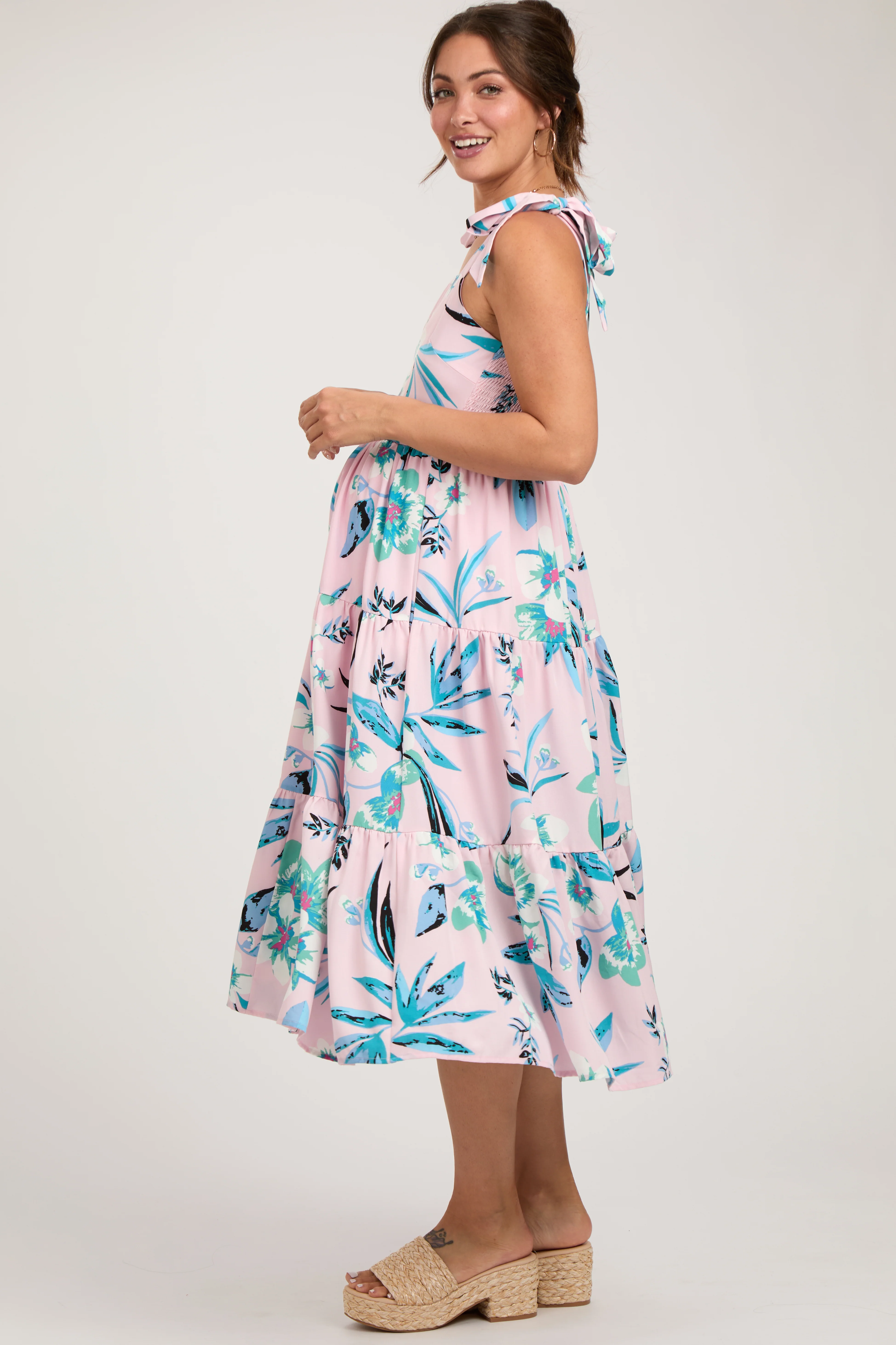 Light Pink Sleeveless Floral Tiered Maternity Midi Dress - Image 3