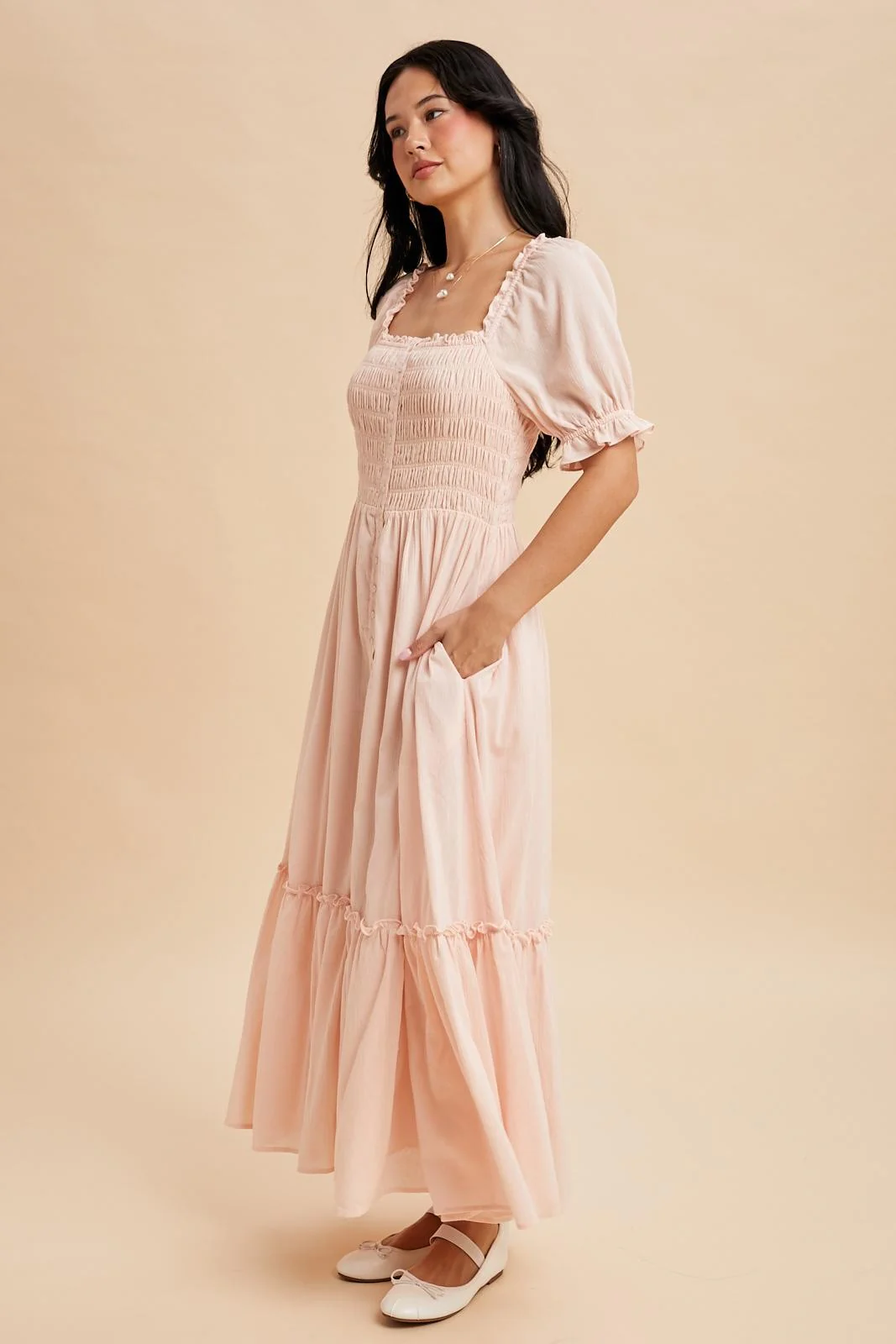 Light Pink Smocked Button Down Maxi Dress - Image 4
