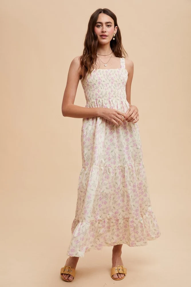 Light Pink Smocked Cotton Floral Sleeveless Maternity Maxi Dress - Image 4