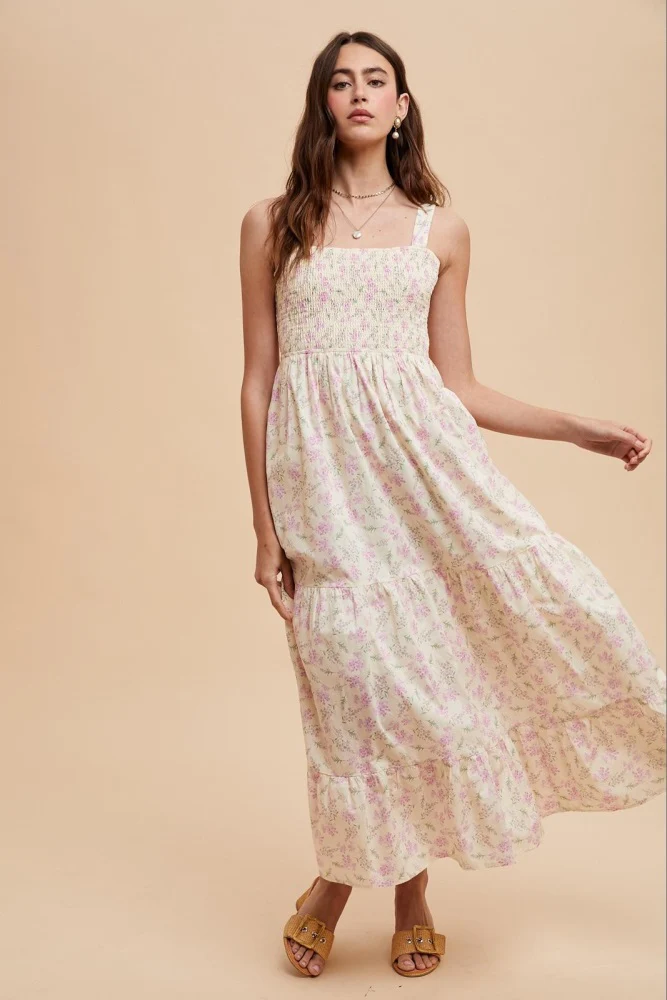 Light Pink Smocked Cotton Floral Sleeveless Maxi Dress - Image 2